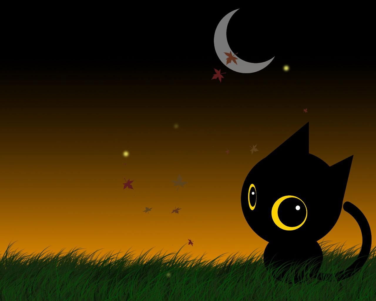 toy, evil, animal, vertebrate, black Color, sun, vector, field, outdoors, black, holiday, cartoon, spooky, horror, moon, bird, animal themes, cat, orange Color, HD Wallpaper