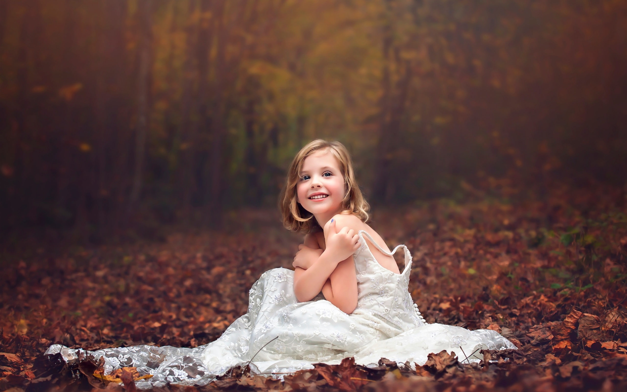 Dress, Forest, Wedding, Little, Girl, 2K, Autumn, HD Wallpaper