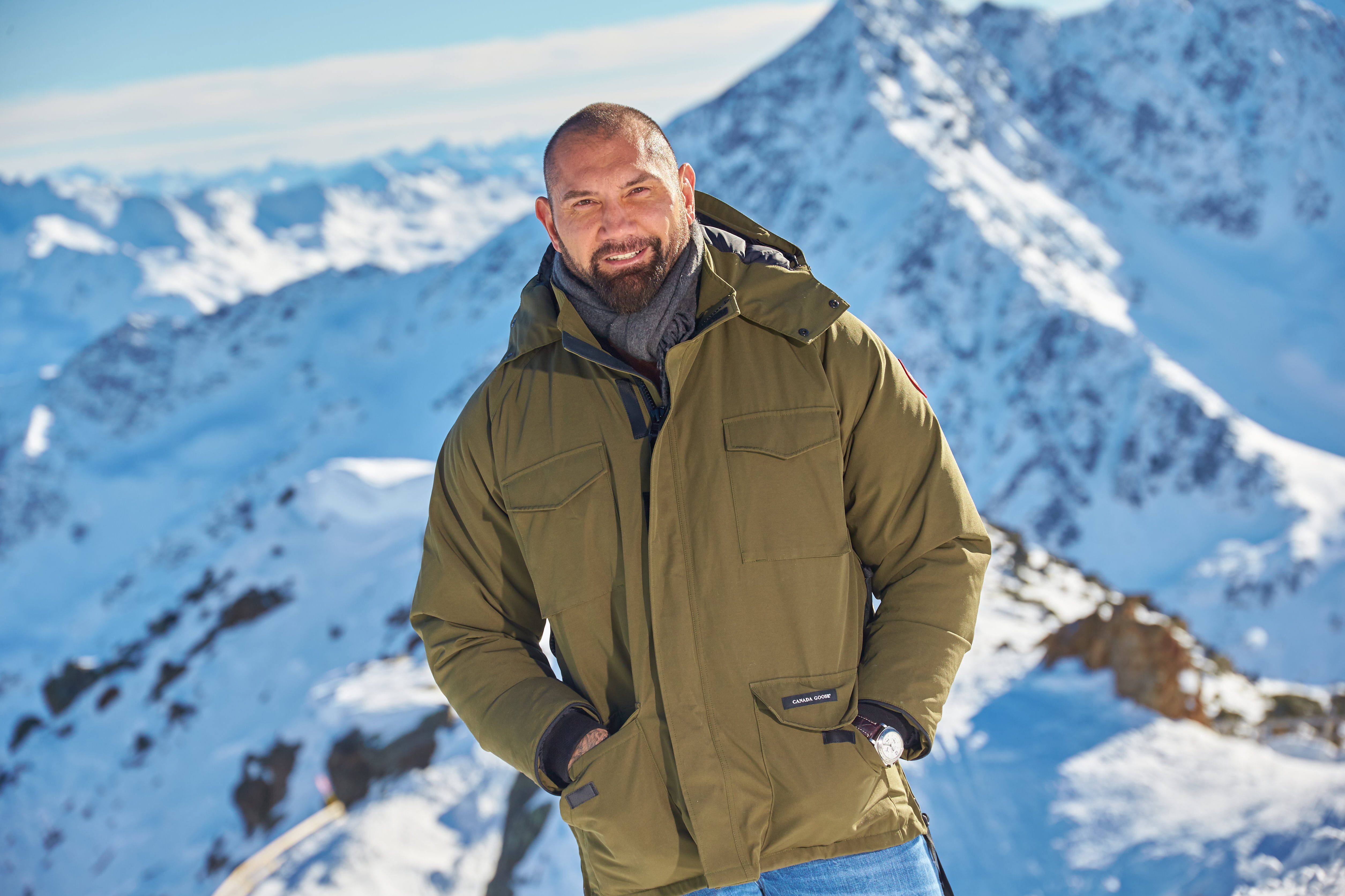 the sun, wrestler, jacket, bodybuilder, athlete, 4K, landscape, actor, snow, Dave Bautista, Dave Batista, mountains, HD Wallpaper