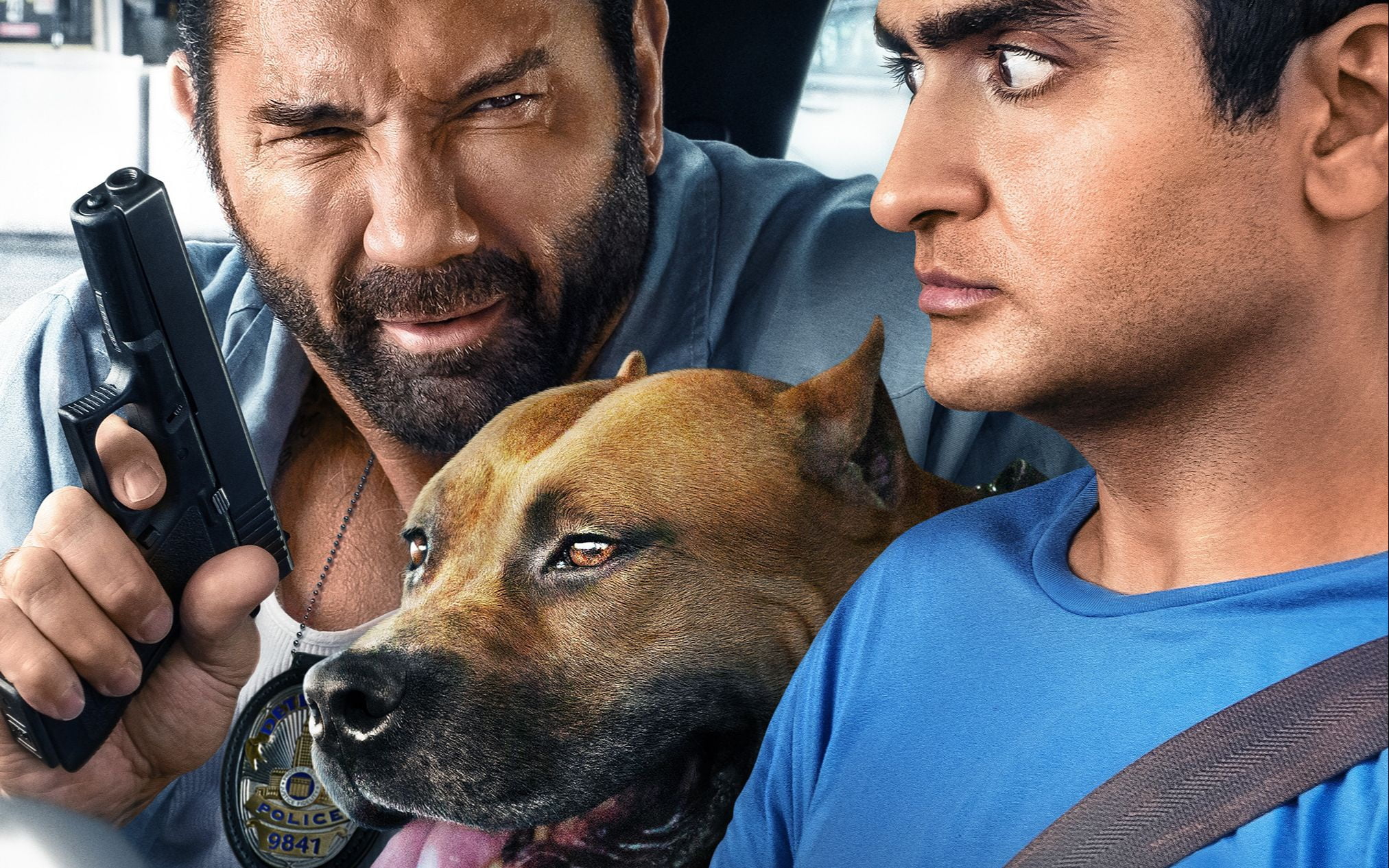 dog, Kumail Nanjiani, 1080P, Ali handlebars!, Dave Bautista, American Staffordshire Terrier, Kumail, staff, Nanjiani, Dave Batista, in the car, Stuber, HD Wallpaper