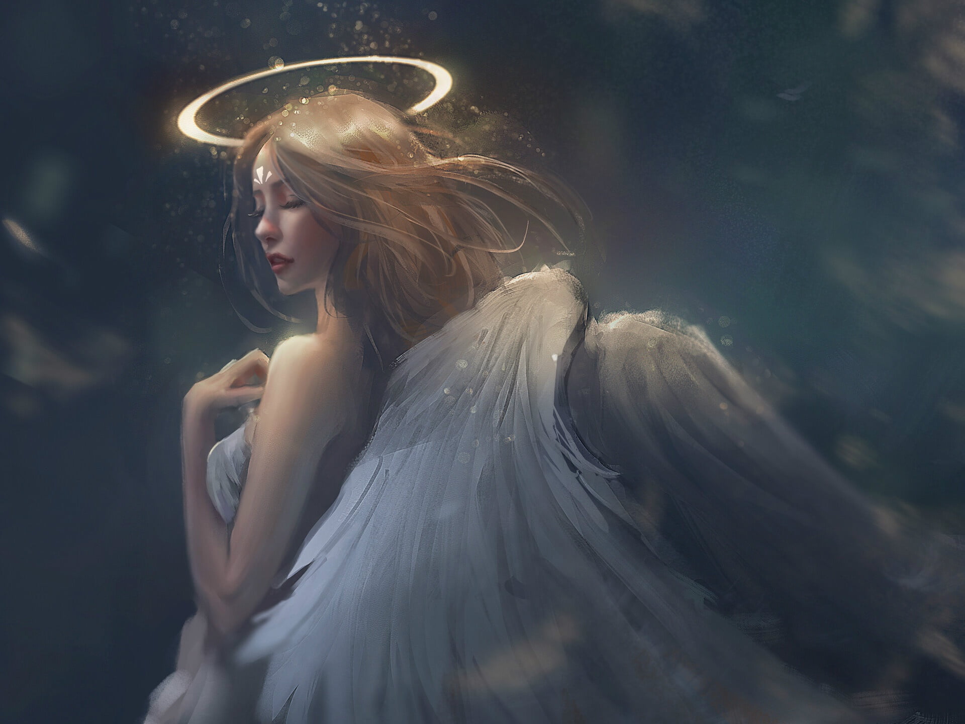 grey background, shoulder, angel, sideways, by Trung Bui, white wings, tail, girl-angel, lights, halo, 1080P, closed eyes, HD Wallpaper