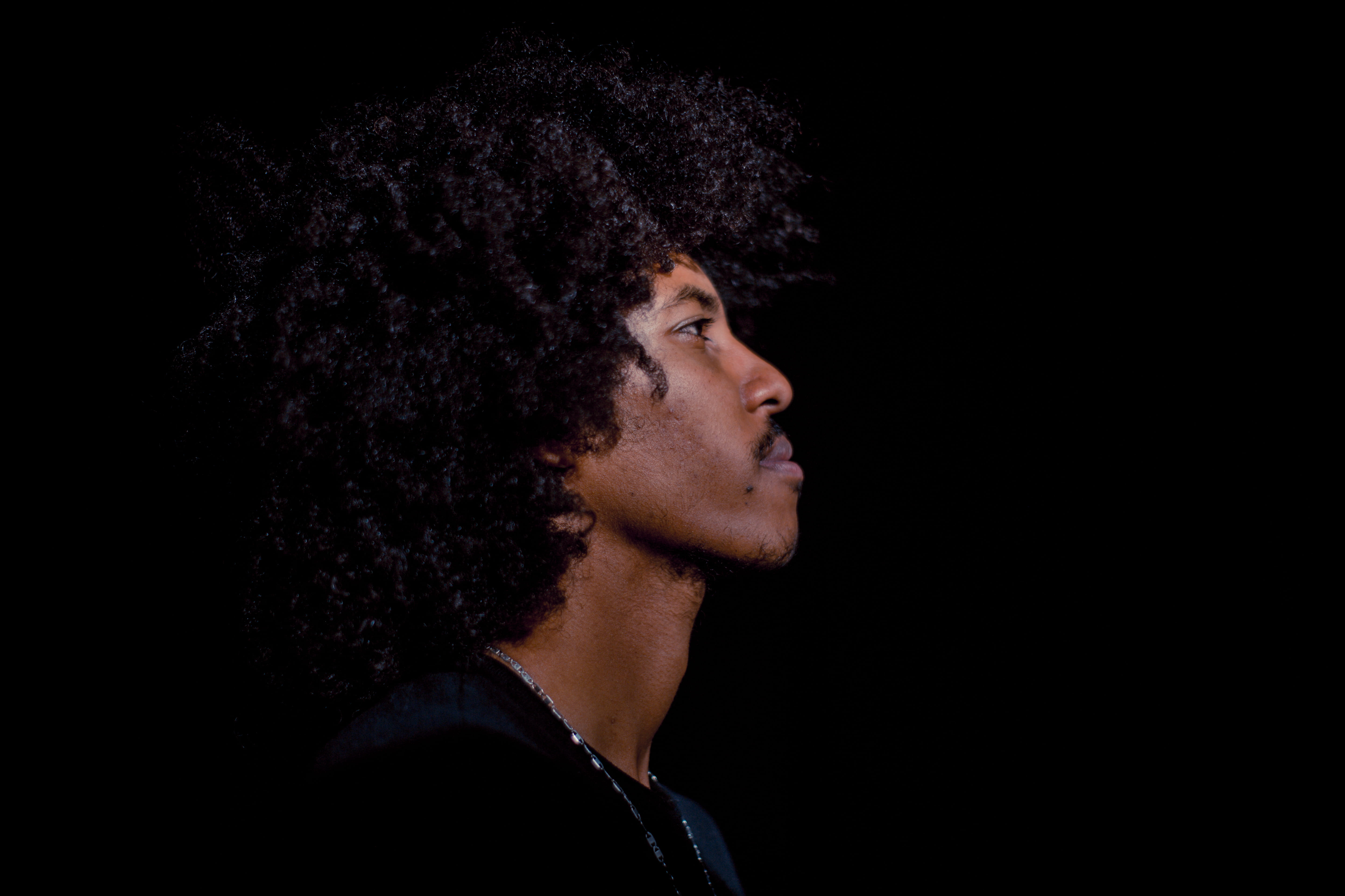 man, afro, adult, night, sideways, hairstyle, profile, portrait, black man, studio shot, copy space, young adult, human, head, person, shadow, moustache, HD Wallpaper
