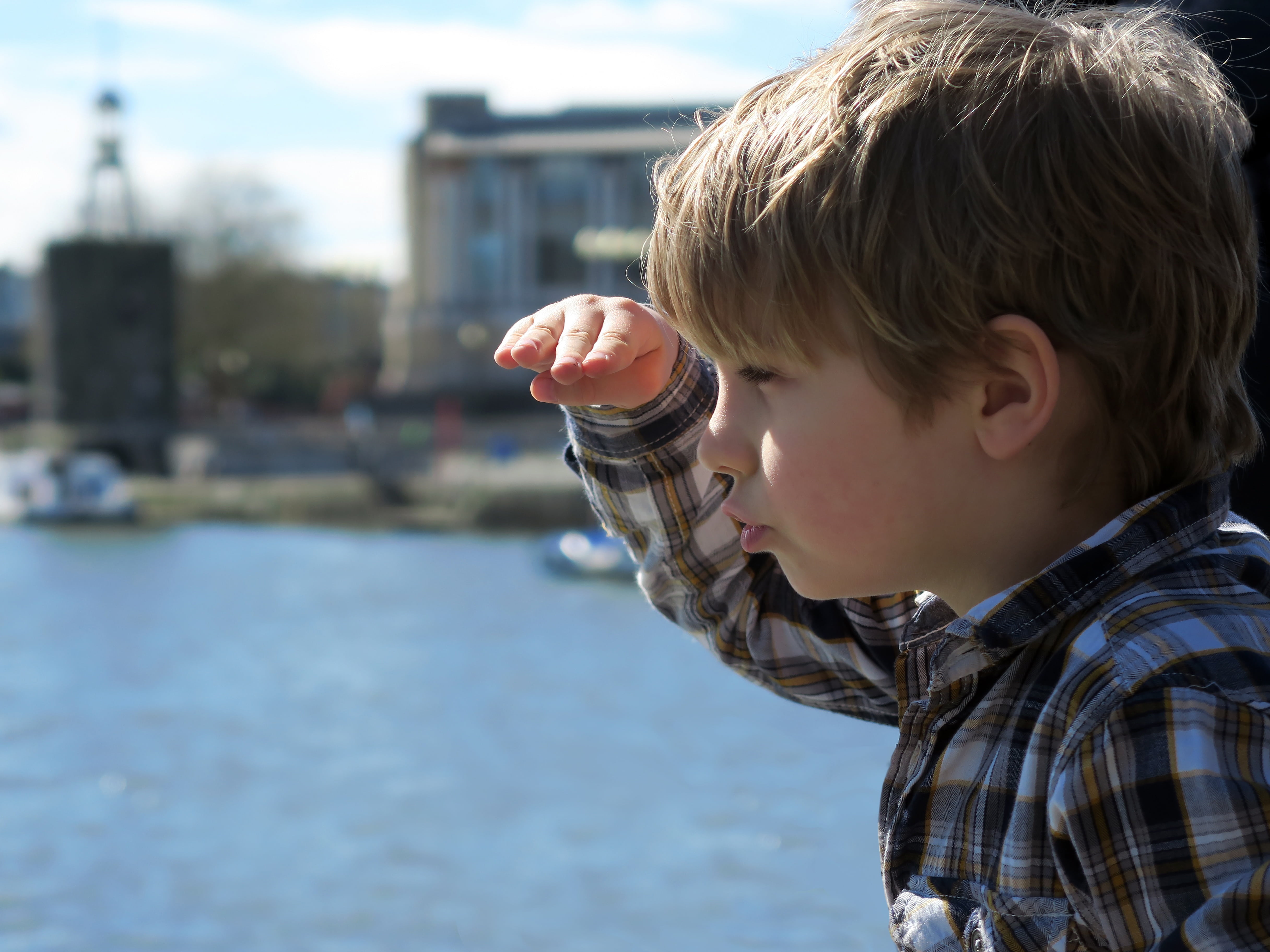 childhood, headshot, harbor, river, young, sun, tourism, sky, sunlight, day, side view, future, portrait, outdoors, male, males, caucasian, one boy only, HD Wallpaper