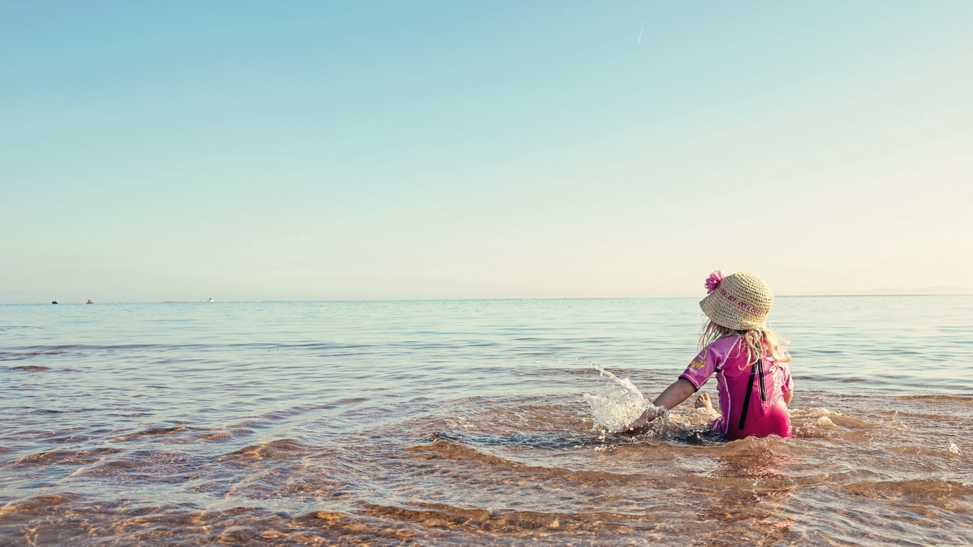 clear sky, rear view, leisure activity, nature, small, playful, one Person, hairstyle, summer, s, females, lifestyles, sea, horizon, baby Girls, coastline, HD Wallpaper