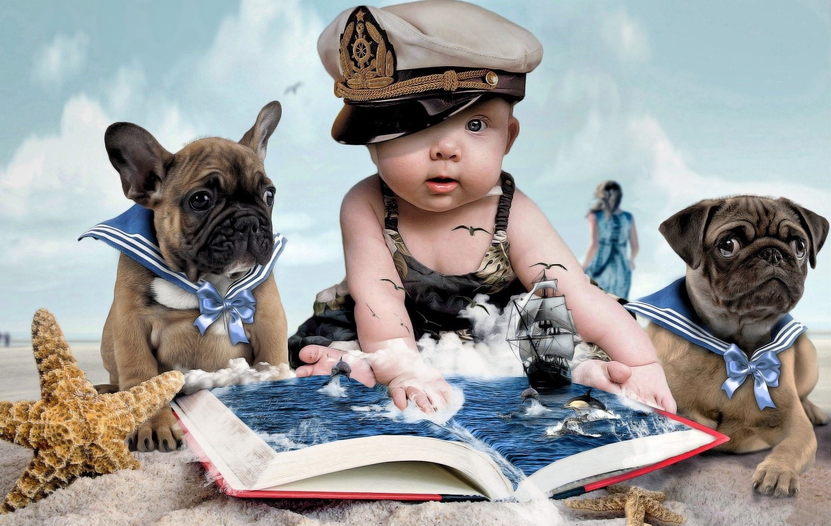 Dog, Manipulation, Beach, Baby, 720P, Photography, Ship, HD Wallpaper