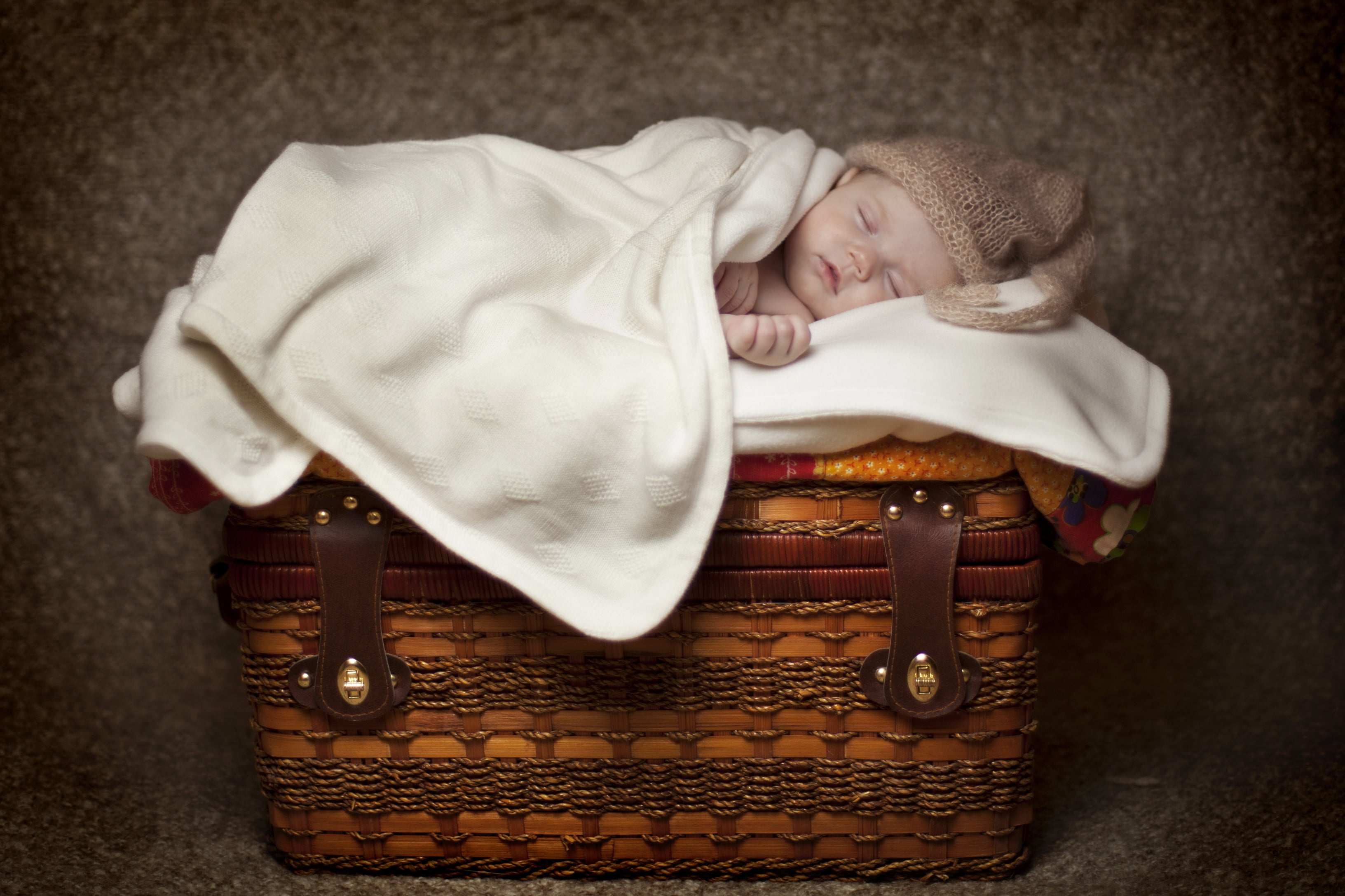 baby clothing, 2K, basket, sleeping, child, innocence, portrait, blanket, human Face, babies Only, babies And Children, caucasian Ethnicity, comfortable, HD Wallpaper