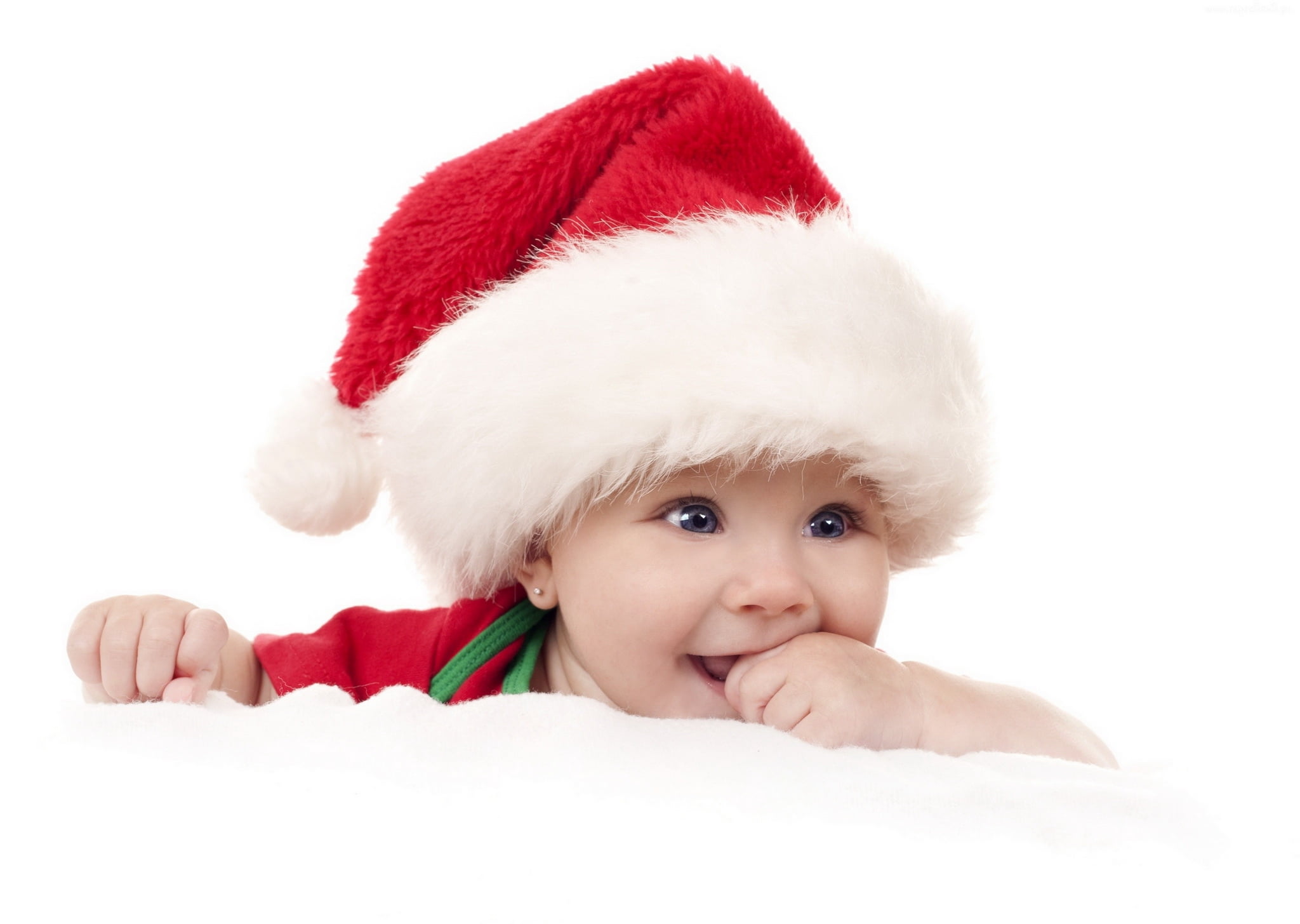 studio Shot, childhood, white Background, smiling, isolated, white color, copy Space, baby, gift, young, santa Hat, people, santa, body part, cheerful, HD Wallpaper