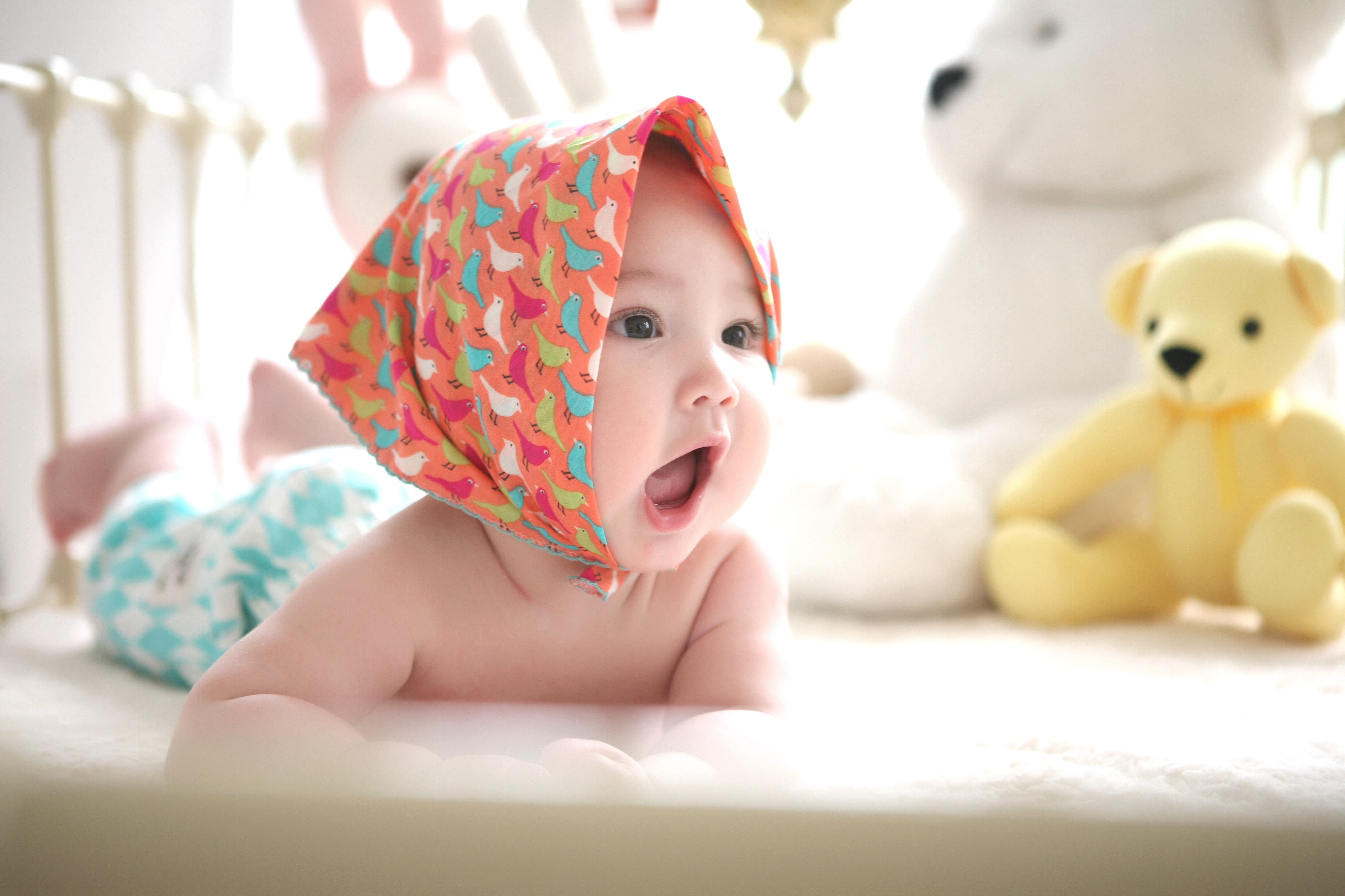 shirtless, baby, childhood, beautiful, babyhood, adorable, mouth open, person, little, child, mouth, domestic room, bed, young, 4K, cute, focus, happy, HD Wallpaper