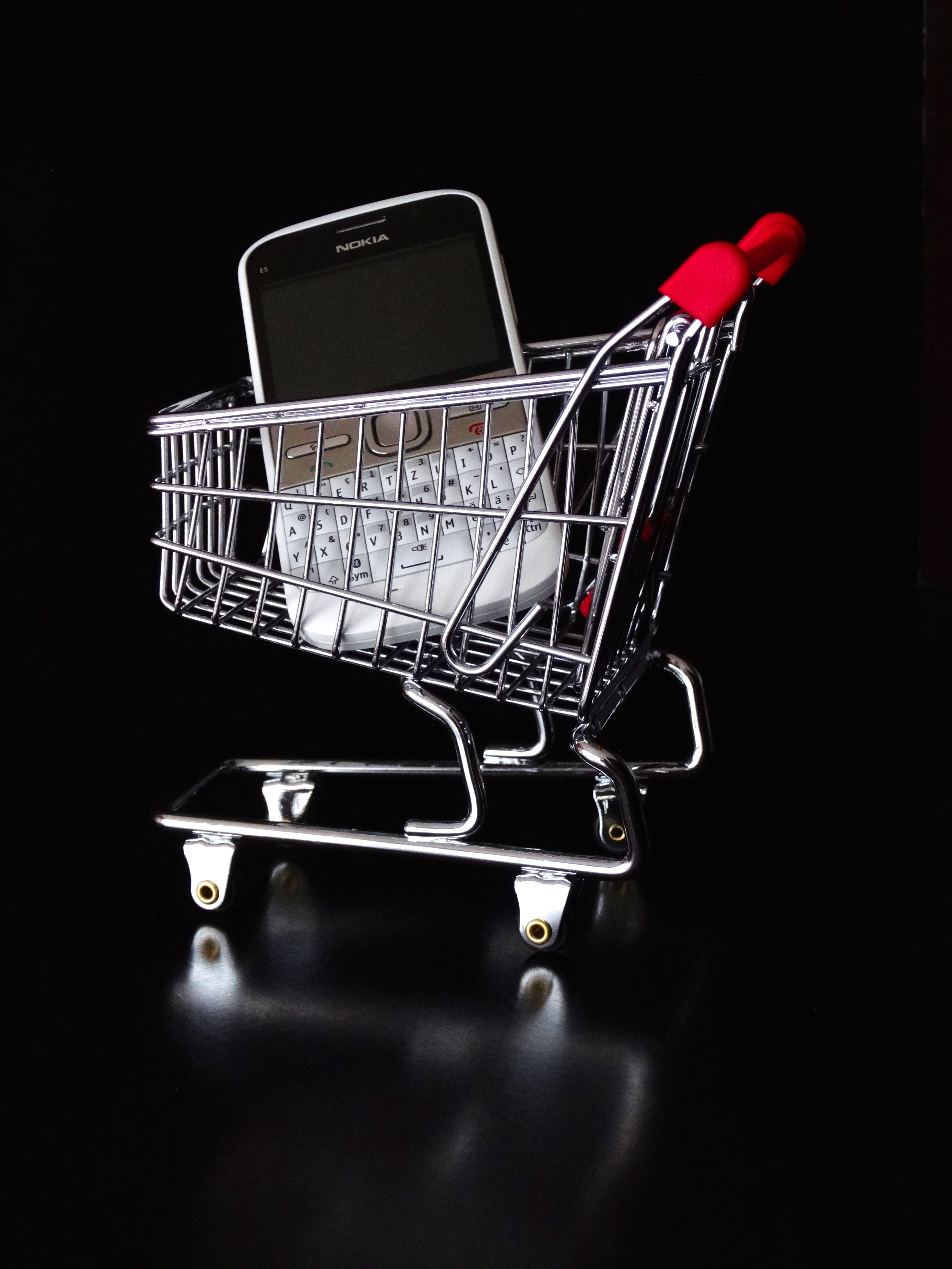Dare, close-up, indoors, shopping, chrome, no people, shiny, Online, black background, supermarket, basket, 5K, silver colored, push cart, cart, Mobile, Phone HD Wallpaper