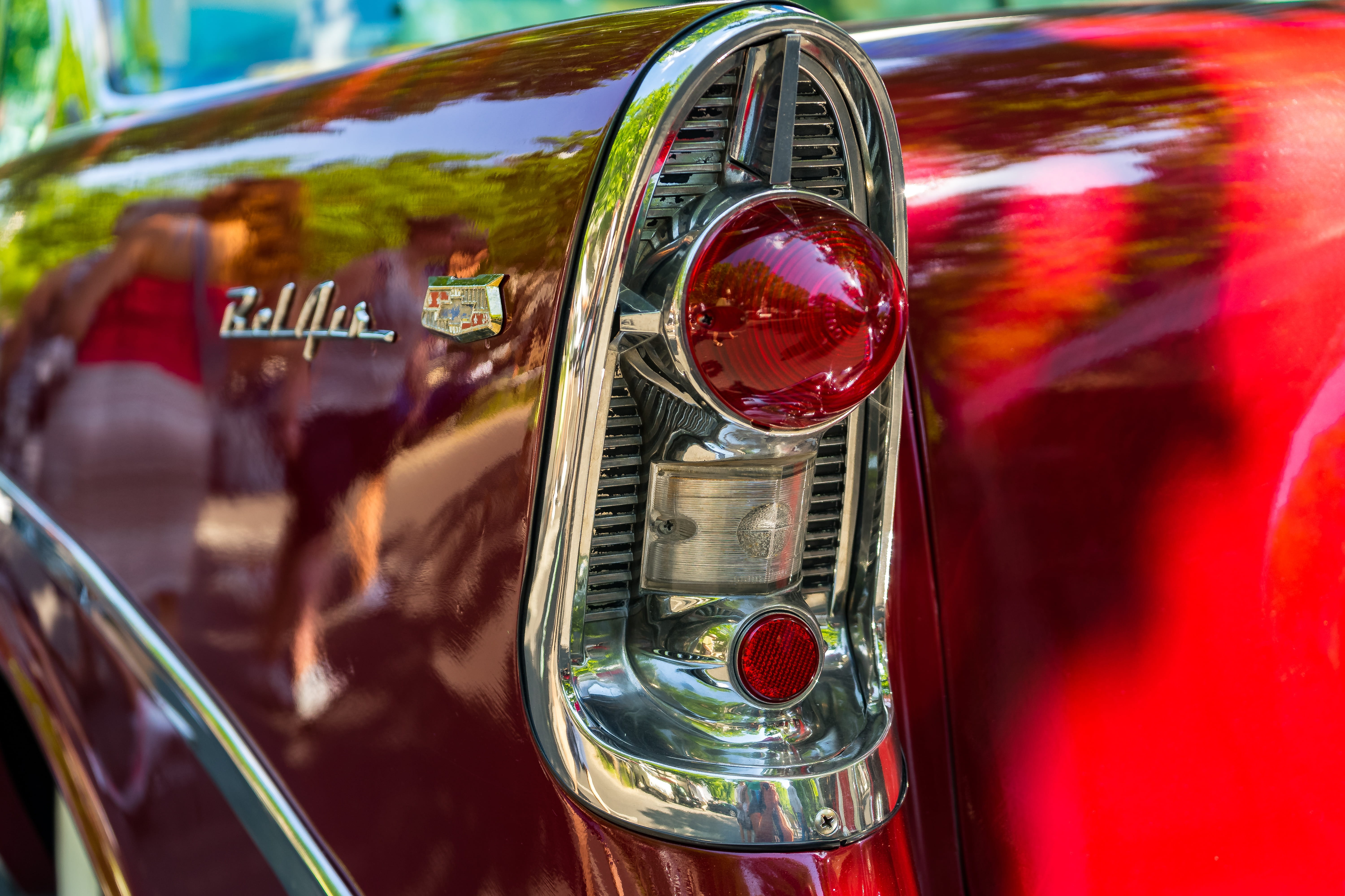 vehicle, chevrolet, red, closeup, dare, land vehicle, taillight, stop lamp, antique, silver, mode of transportation, metal, car, retro styled, focus on foreground, HD Wallpaper