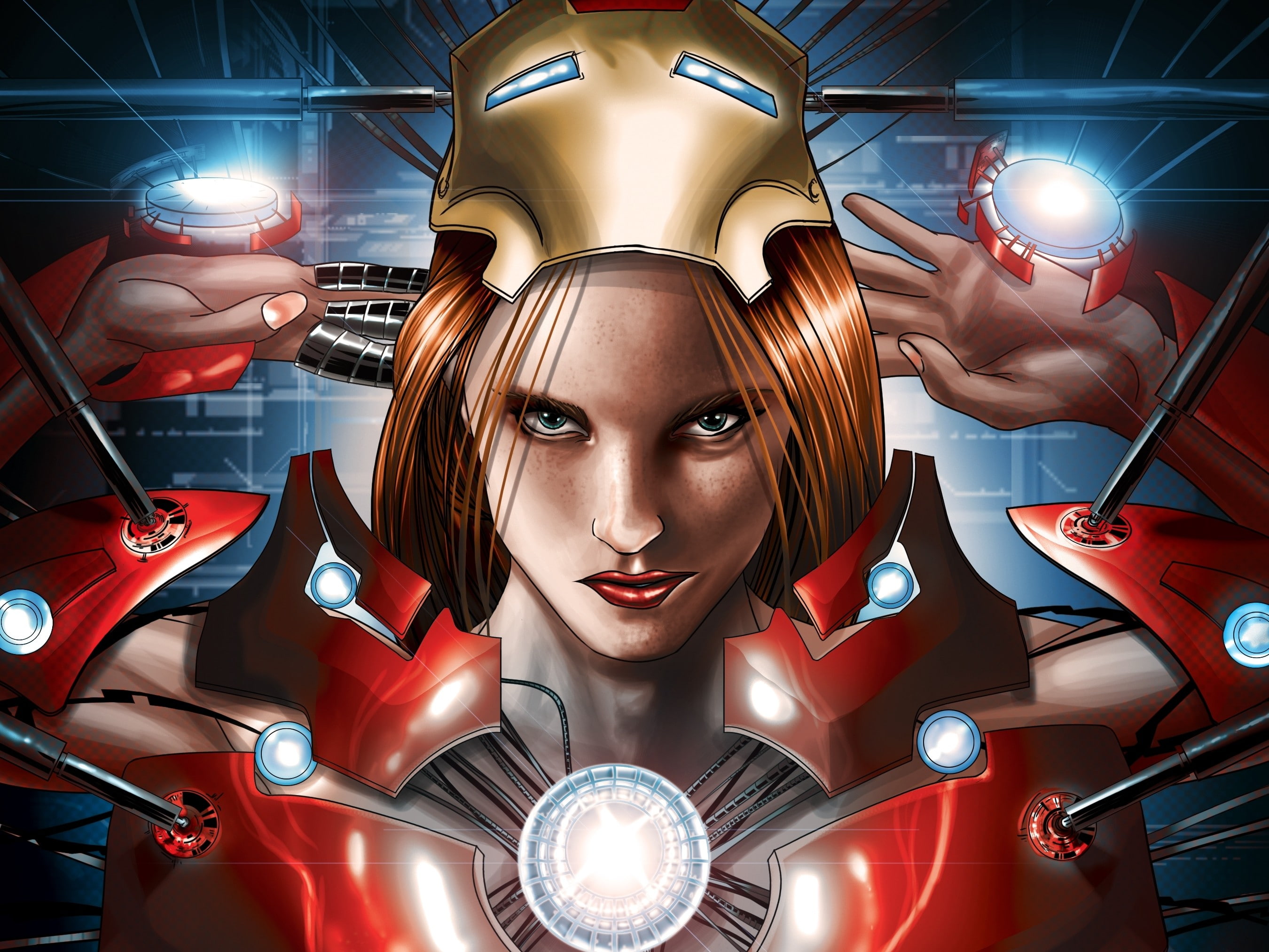 Iron Man, futuristic, adult, comics, illuminated, one person, front view, studio shot, glowing, 2K, young adult, looking at camera, technology, human face, HD Wallpaper