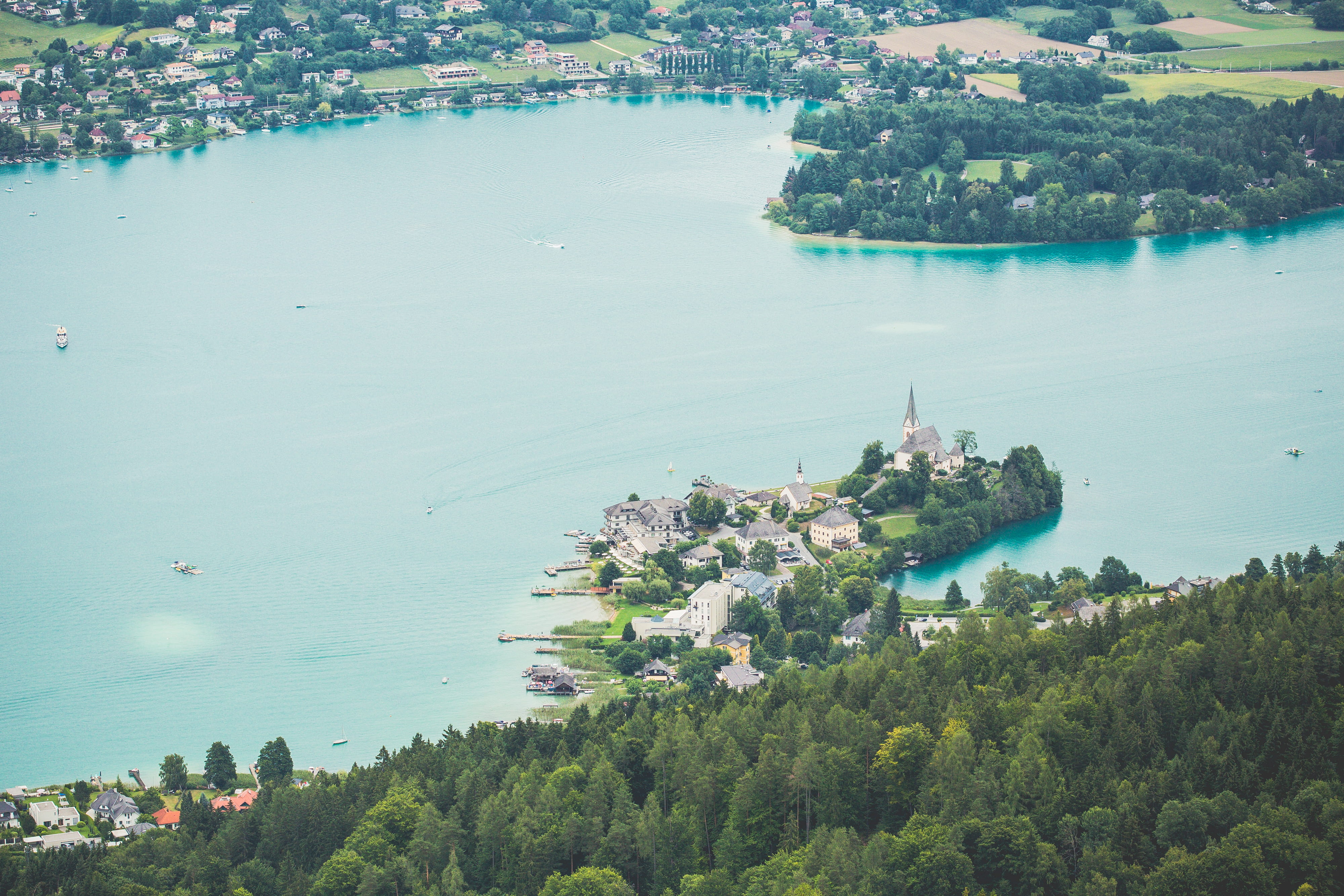 hill, growth, tree, building exterior, rth, water, outdoors, day, green, color Image, from above, no people, sea, maria, scenics - nature, forest, land, HD Wallpaper