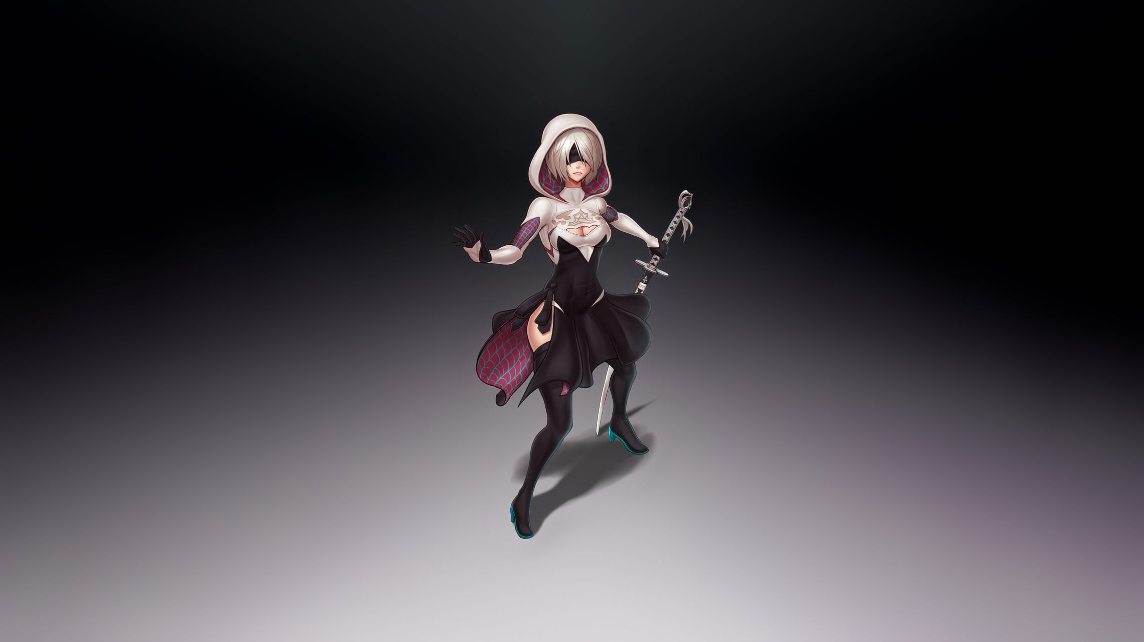 Type B, NieR: Automata-- 2B, Nier Automata, YoRHa No.2 Type B, Nick Savino, Gwen Stacy, Minimalism, Character, Sword, Girl, Art, Spider-Gwen, 1080P, Katana, HD Wallpaper