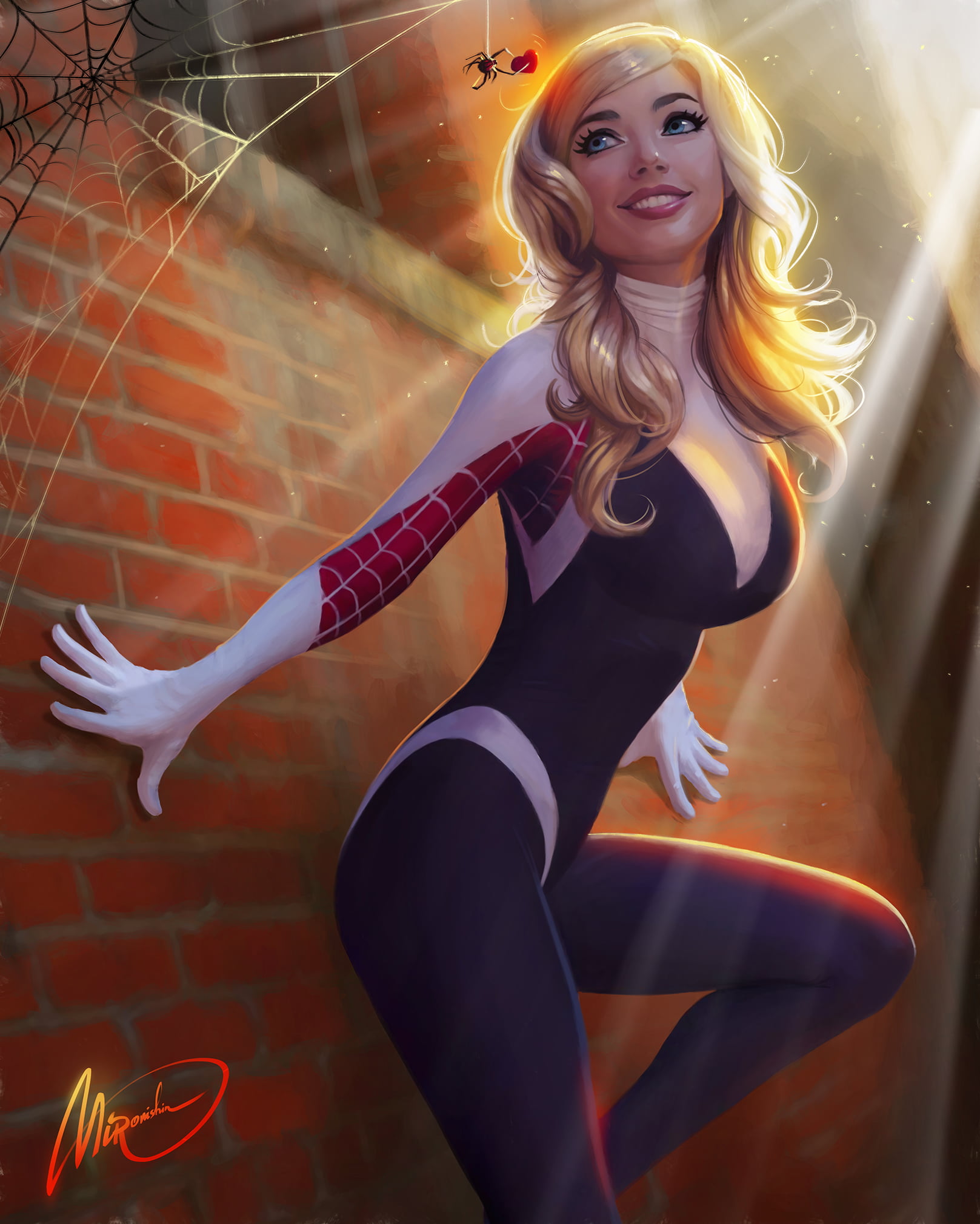 Spider Gwen, blonde, Marvel Comics, artwork, fictional character, Gwen Stacy, sun rays, women, Spider-Gwen, drawing, fan art, 1080P, digital art, Phone HD Wallpaper