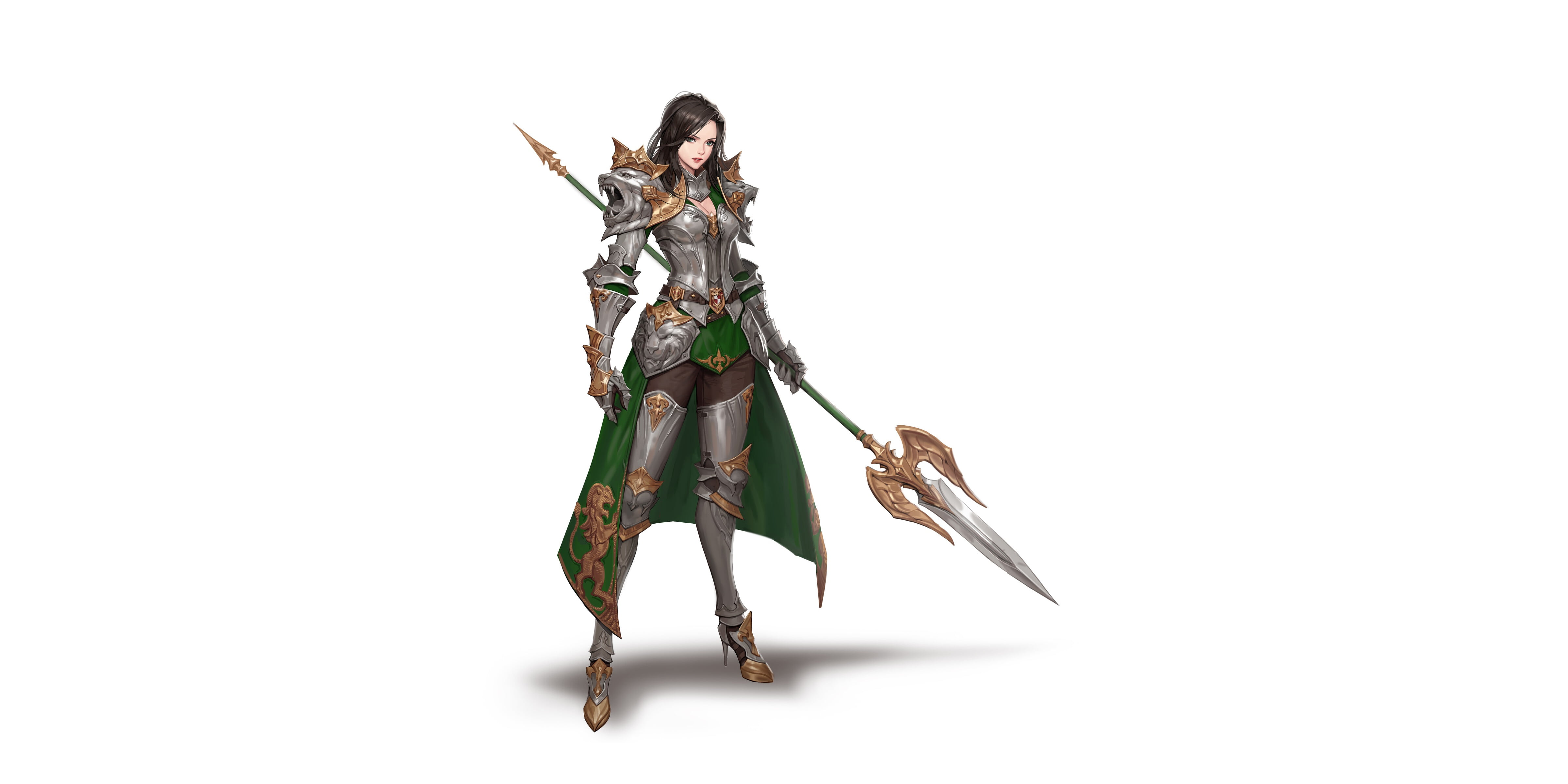 Junq Jeon, 4K, Background, Fiction, Girl, Minimalism, Illustration, Character, Armor, Spear, Style, Spearwoman, Art, Fantasy, Figure, Beautiful, HD Wallpaper