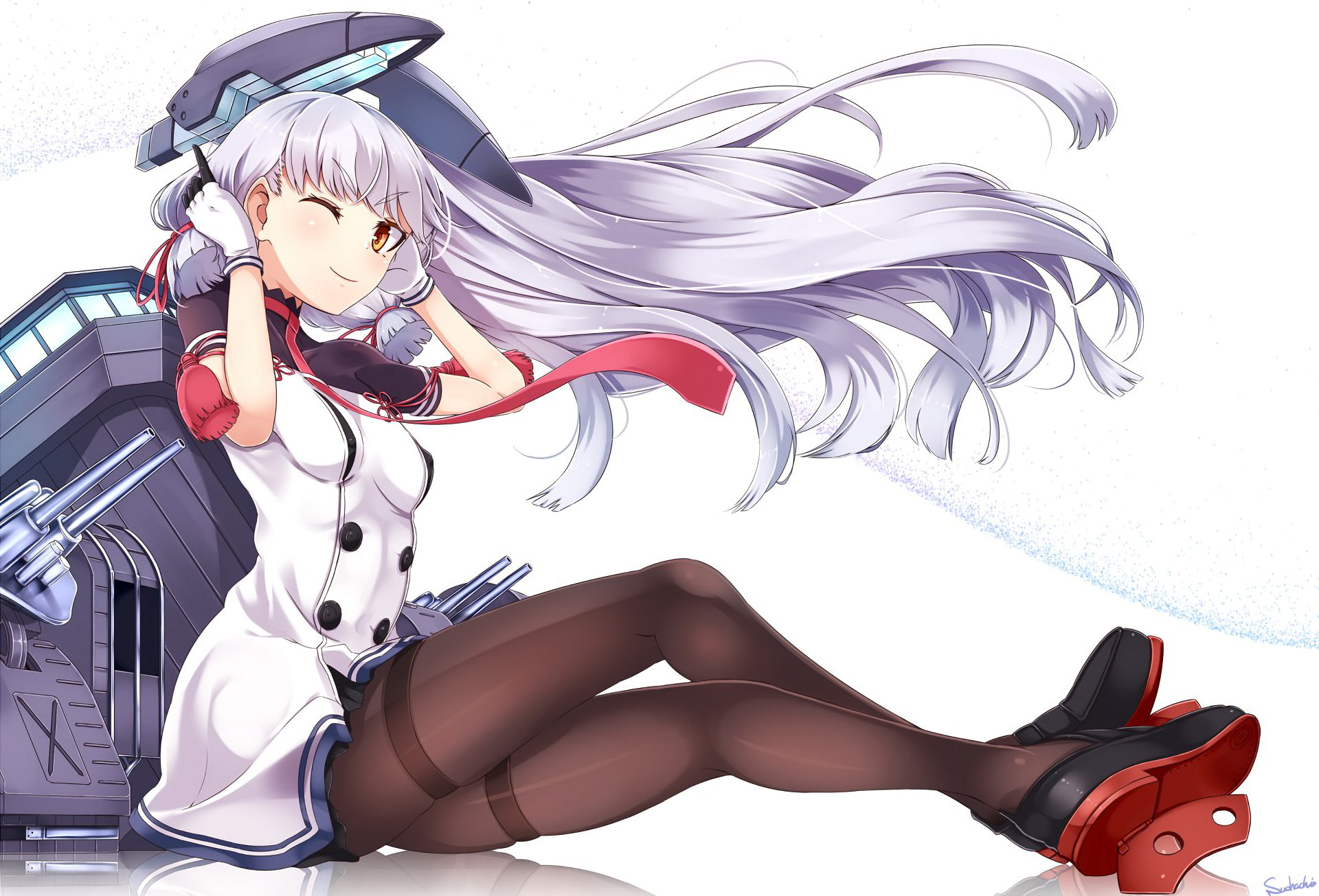 white  background, tie, silver hair, Murakumo (KanColle), 1080P, thigh-highs, Kantai Collection, HD Wallpaper