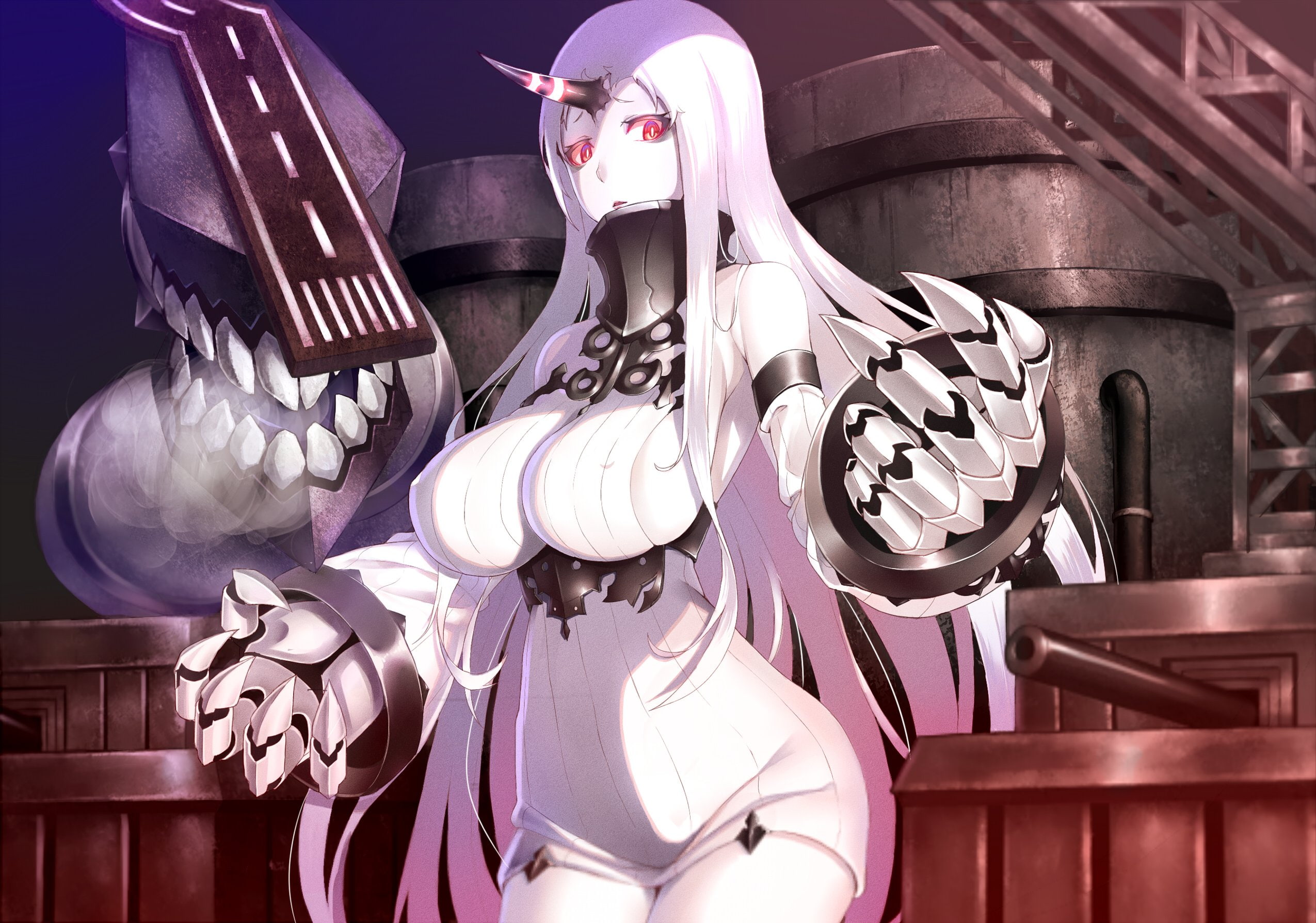 horns, junnkinn, hime, white, red, kantai, 1080P, seaport, long, eyes, collection, hair, HD Wallpaper