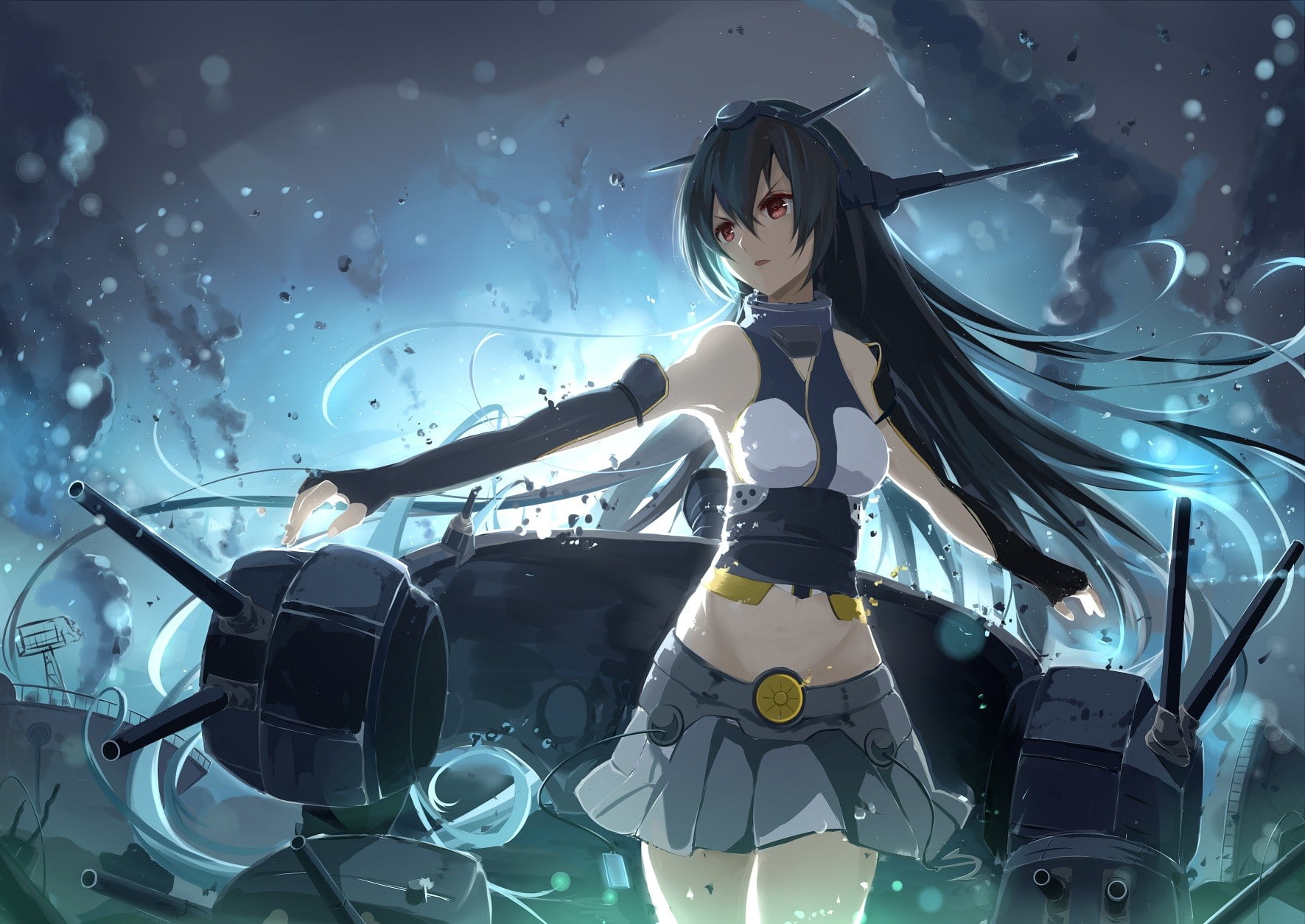 silver colored, blue, digital composite, 720P, one person, three quarter length, lifestyles, anime girls, hairstyle, red eyes, Kantai Collection, women, HD Wallpaper