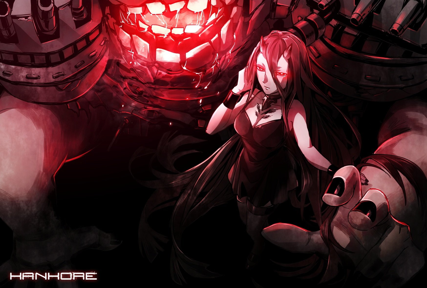 red, long, black, 720P, horns, kantai, gloria, hair, hime, collection, thighhighs, otani, eyes, battleship symbiotic, HD Wallpaper