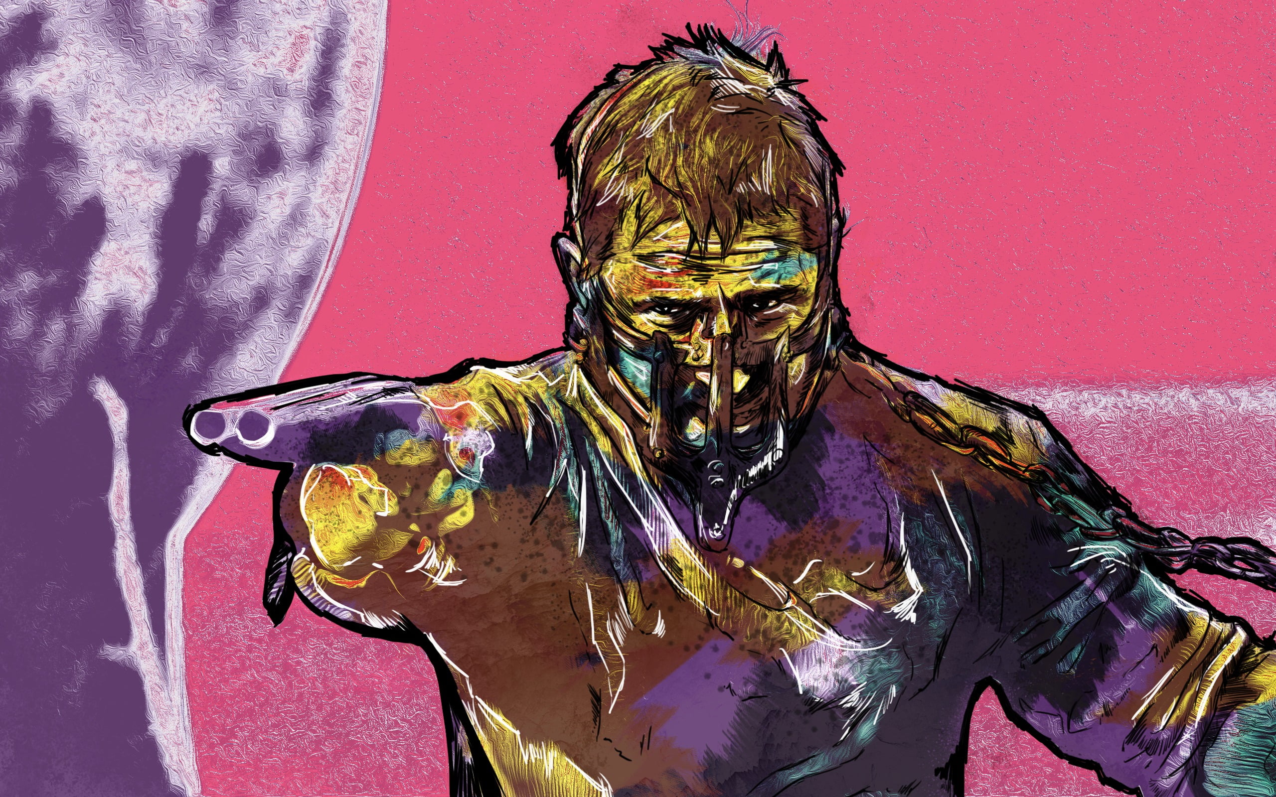 human face, Mad Max: Fury Road, fan art, colored background, textile, day, creativity, Tom Hardy, lifestyles, art and craft, human representation, movie poster, HD Wallpaper
