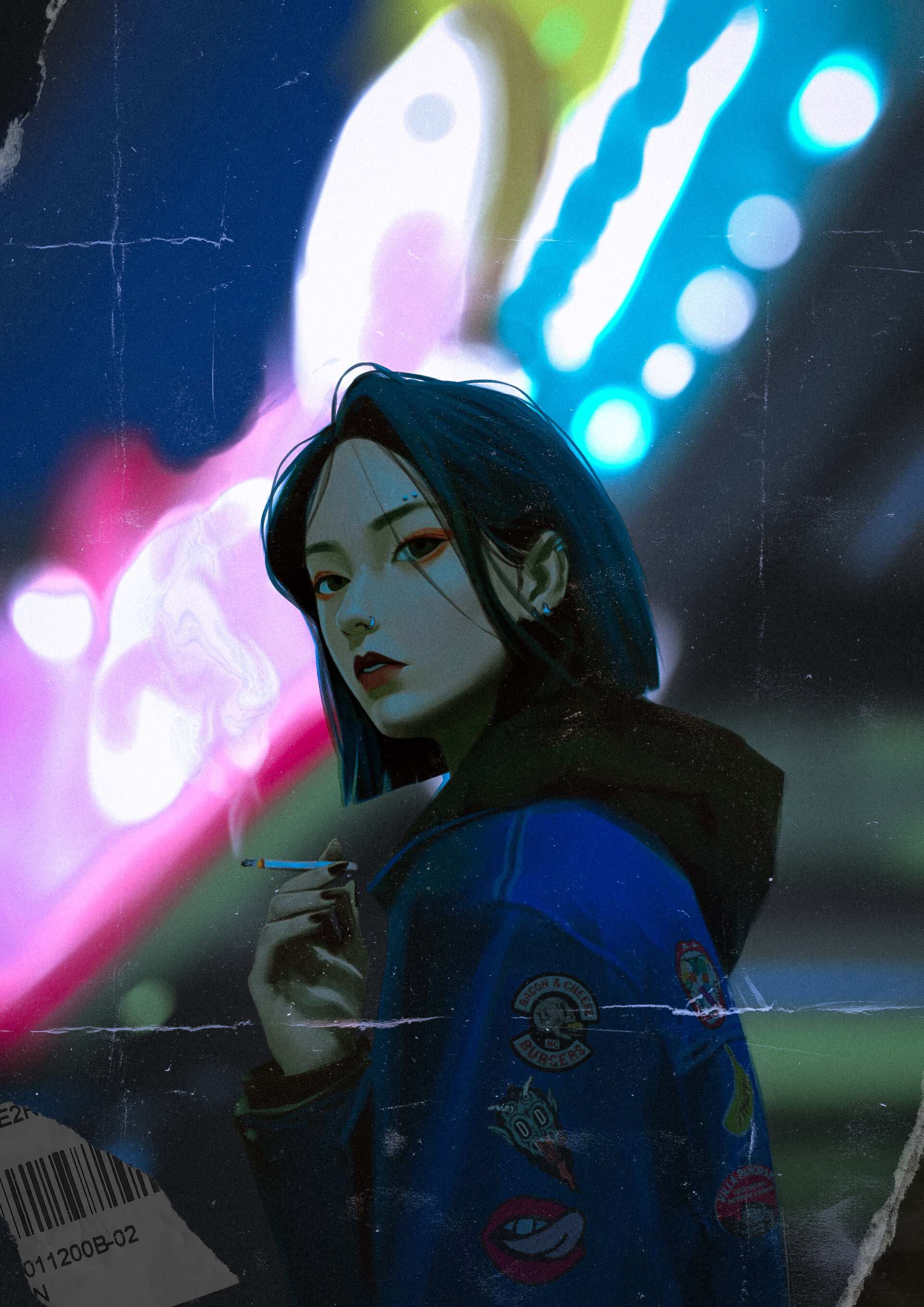 young woman, 2K, fan art, artwork, portrait display, cigarettes, poster, women, short hair, looking at viewer, barcode, Phone HD Wallpaper
