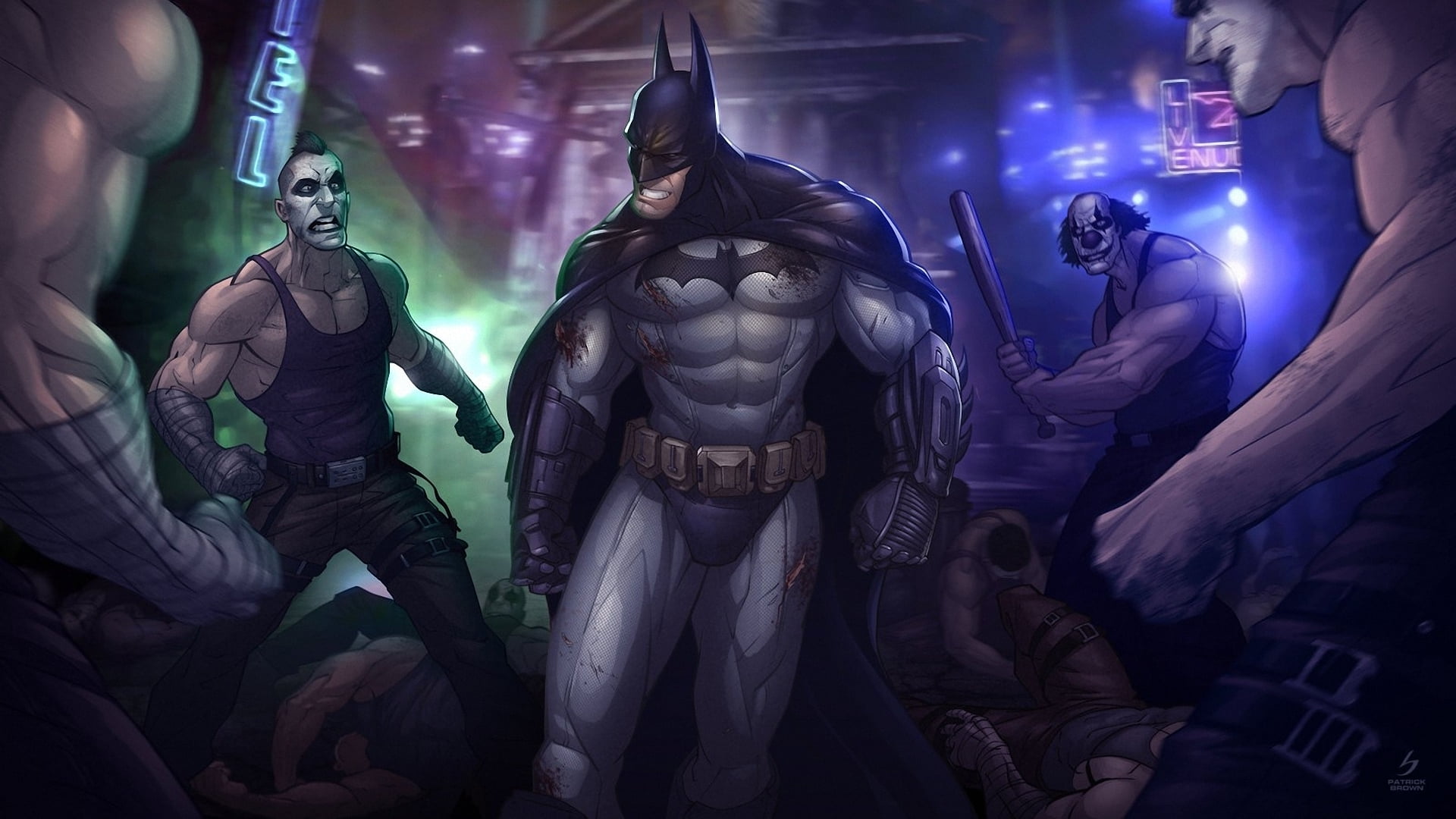 people, male likeness, 1080P, belief, religion, patrick brown, night, architecture, batman, illuminated, statue, spirituality, art, representation, HD Wallpaper
