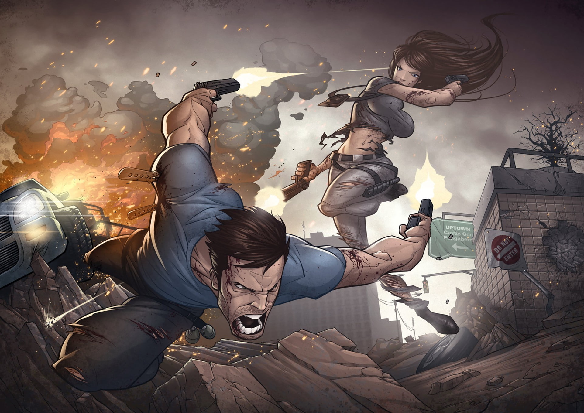 male, art, patrick brown, girl, 1080P, weapons, shootout, HD Wallpaper
