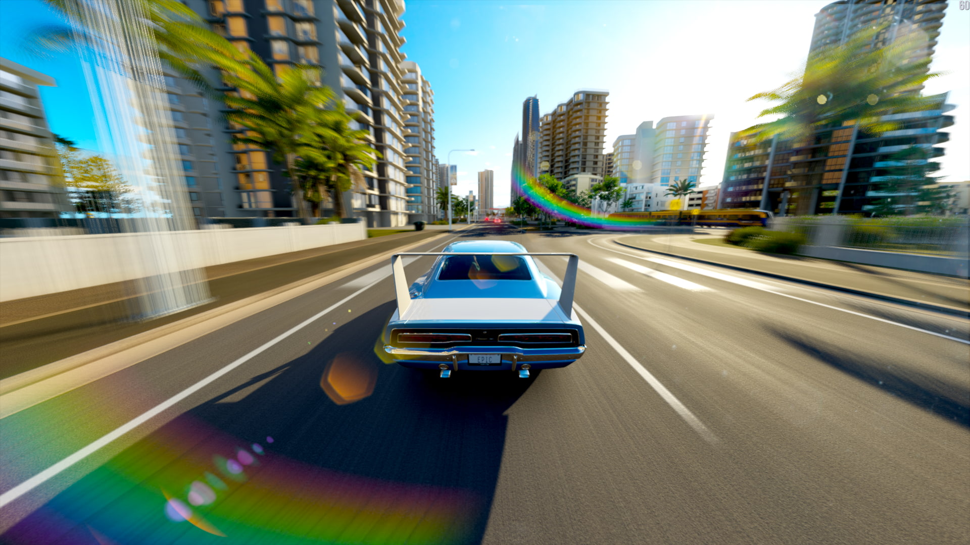 Master Race, motor vehicle, financial district, road, PC gaming, skyscraper, car, Dodge Challenger, no people, office building exterior, screen shot, blurred motion, HD Wallpaper