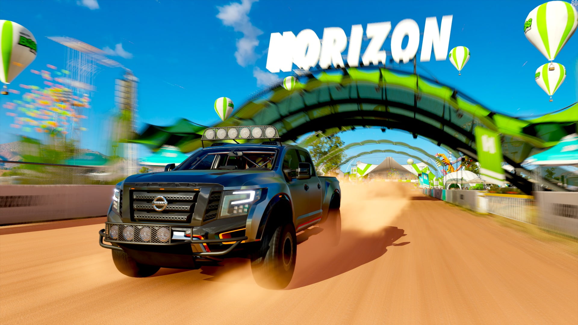Master Race, day,  Nissan, architecture, no people, communication, blue, 1080P, transportation, Forza, sky, speed, road, blurred motion, PC gaming, car, HD Wallpaper