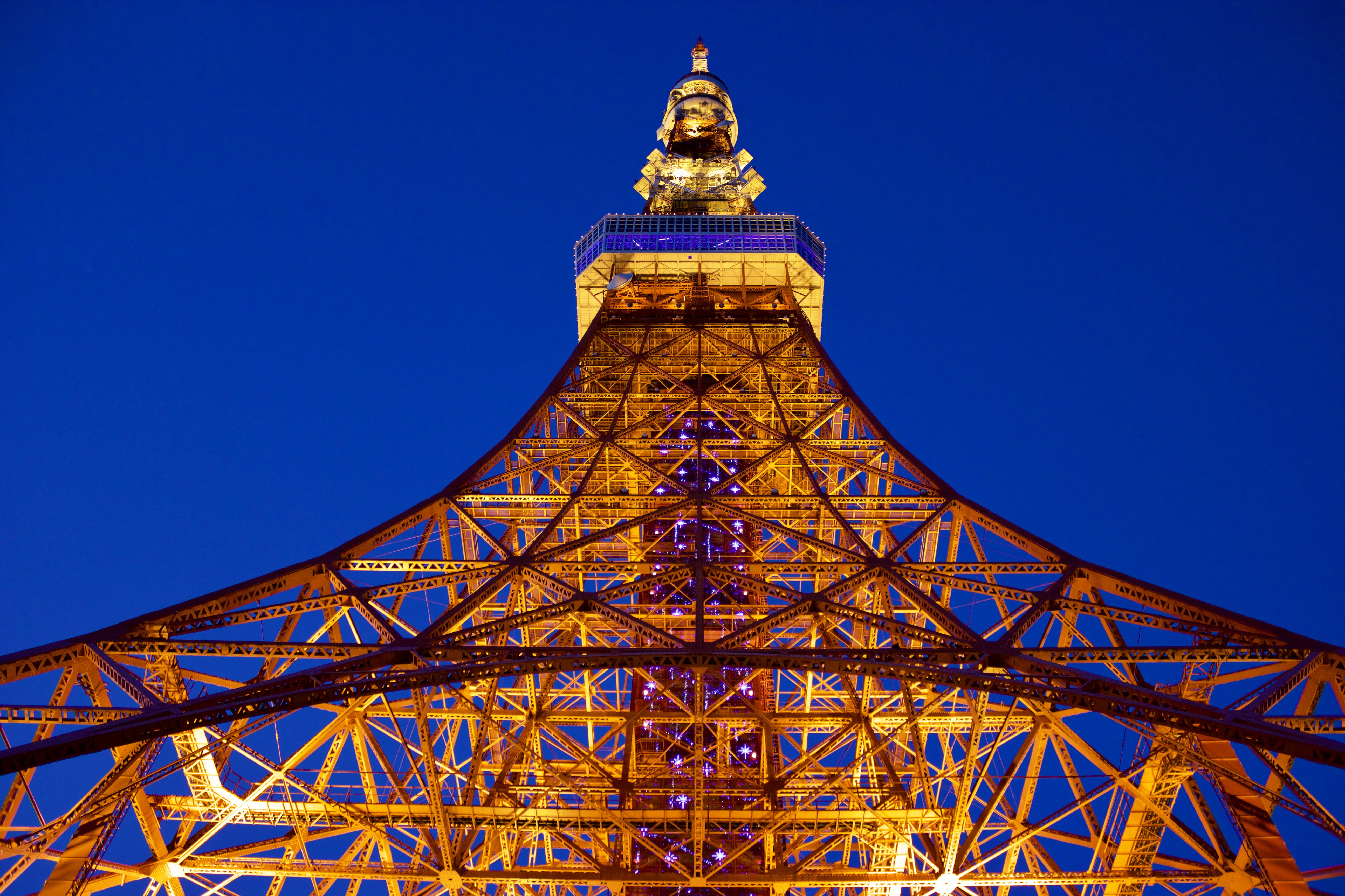 east, 5K, symmetry, illuminated, night, tokyo tower, clear sky, evening, communication, travel destinations, connection, minato-ku, low angle view, built structure, HD Wallpaper