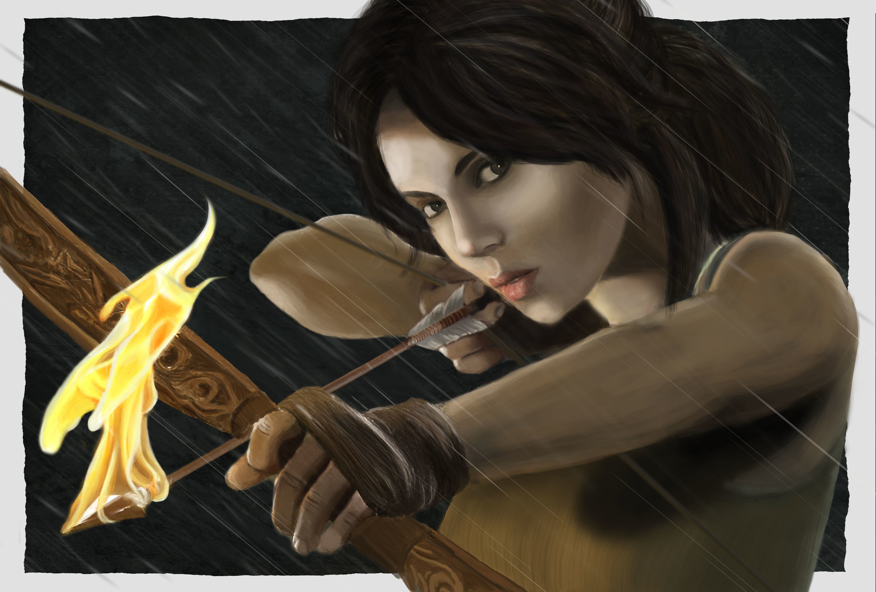 black, Tomb Raider, girl, illustration, face, 2K, the game, Lara Croft, haired, fire, pattern, look, woman, weapons, arrow, bow, art, hair, HD Wallpaper