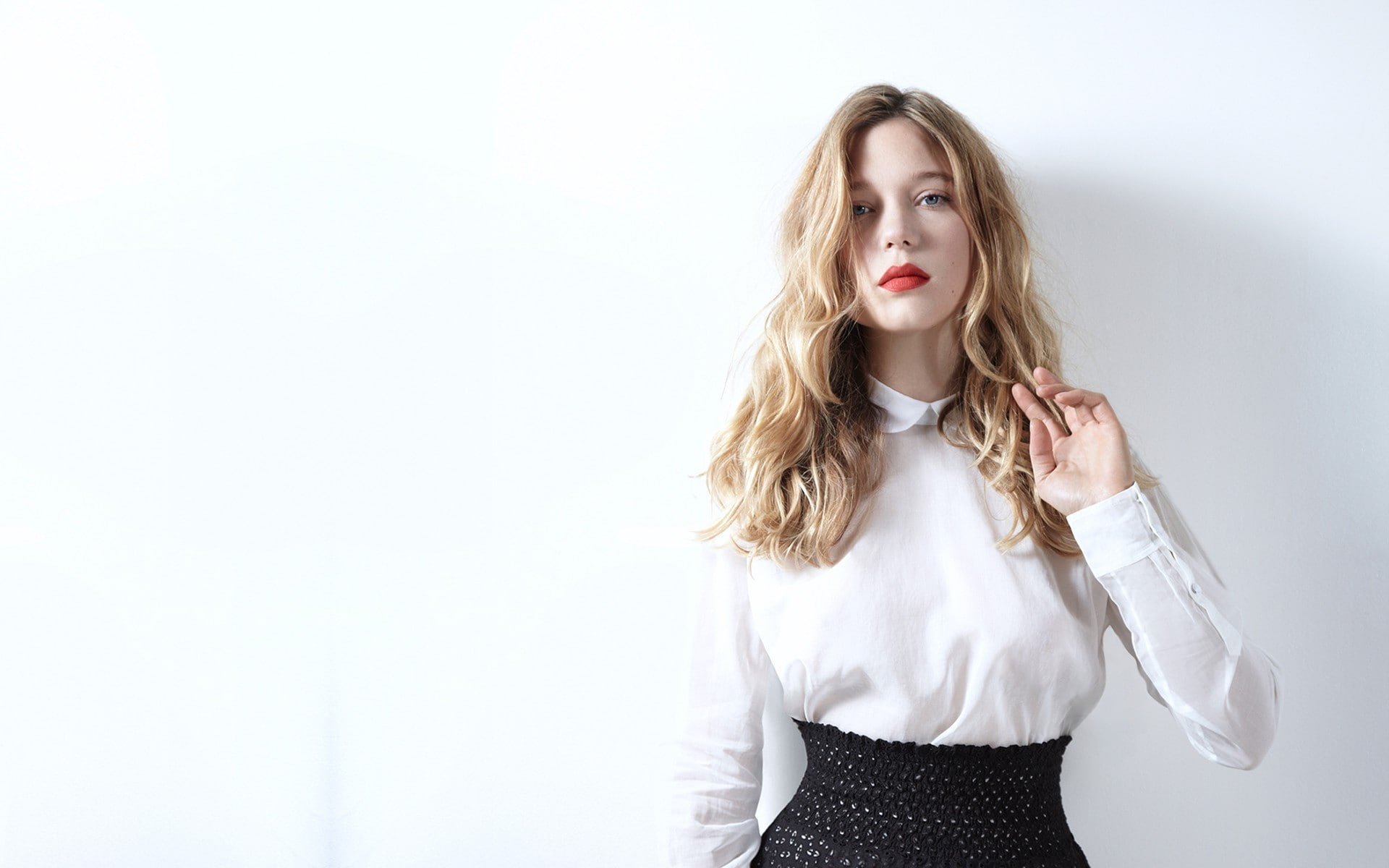 lea seydoux actress women celebrity simple background looking at viewer blonde james bond, front view, standing, mouth open, young adult, teenager, 1080P, HD Wallpaper