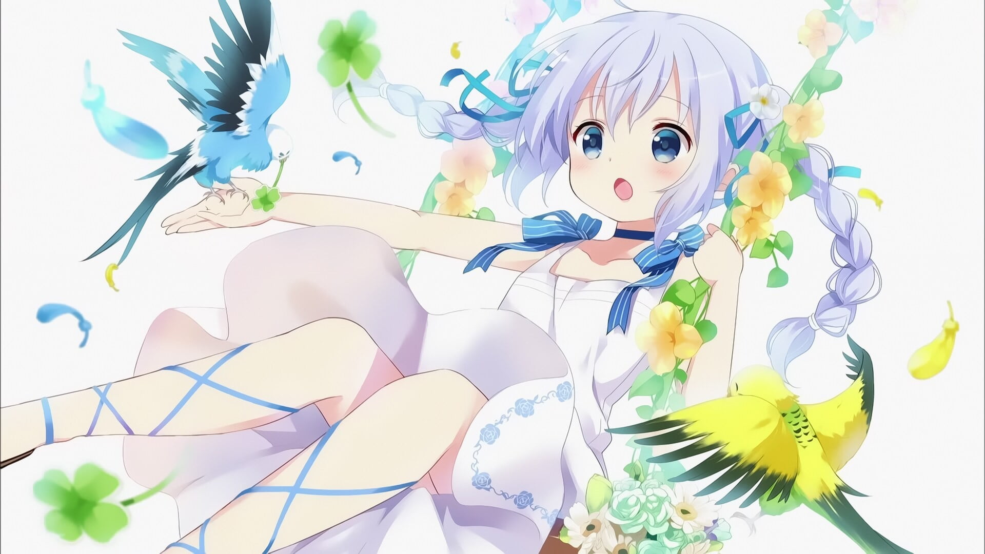 blue, white background, indoors, long, human representation, creativity, birds, no people, hair, 1080P, flowering plant, representation, anime girls, art and craft, HD Wallpaper