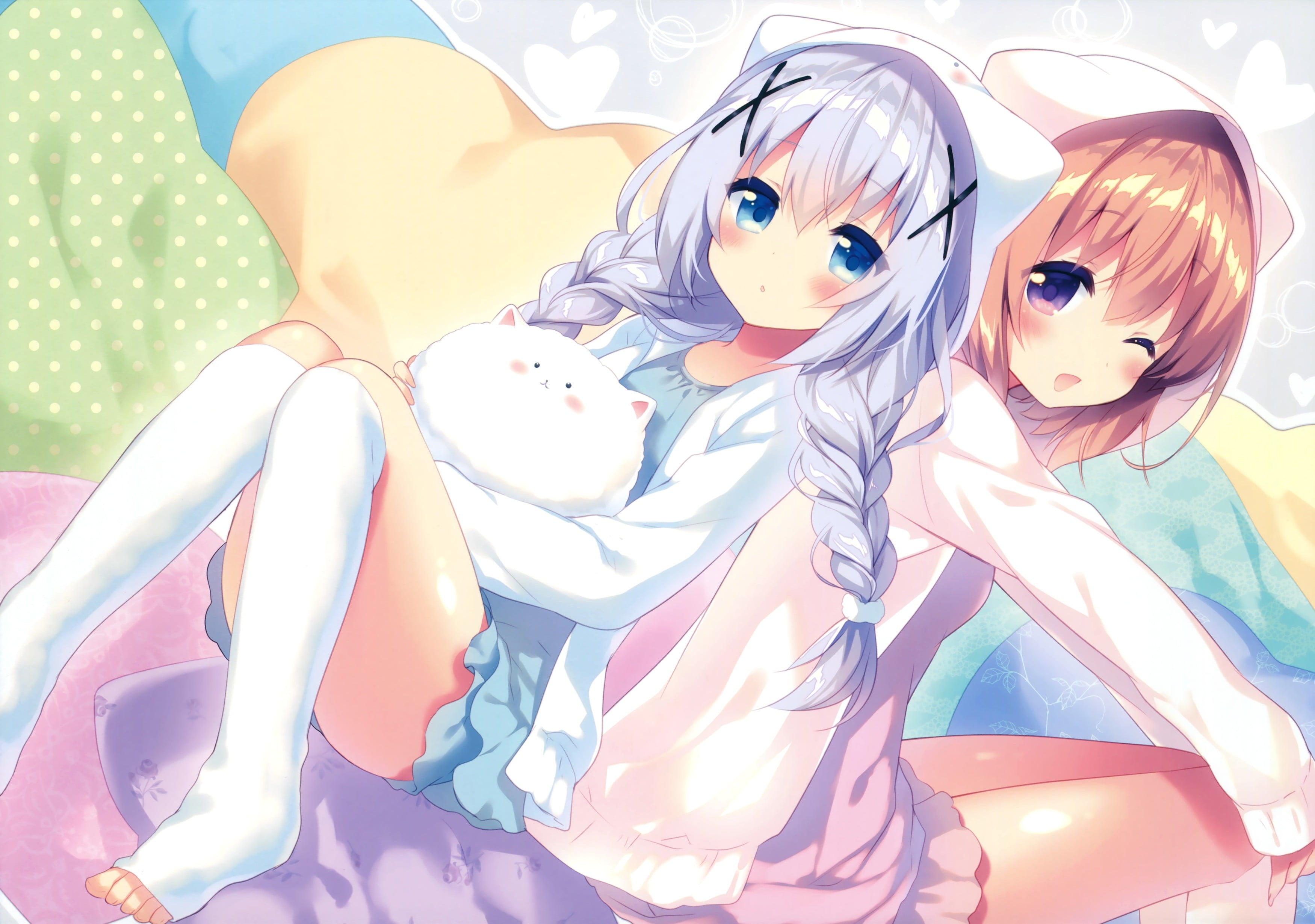 two, Kafuu Chino, 2K, multi colored, human representation, characters, anime girls, representation, indoors, Gochuumon wa Usagi Desu ka?, toy, HD Wallpaper