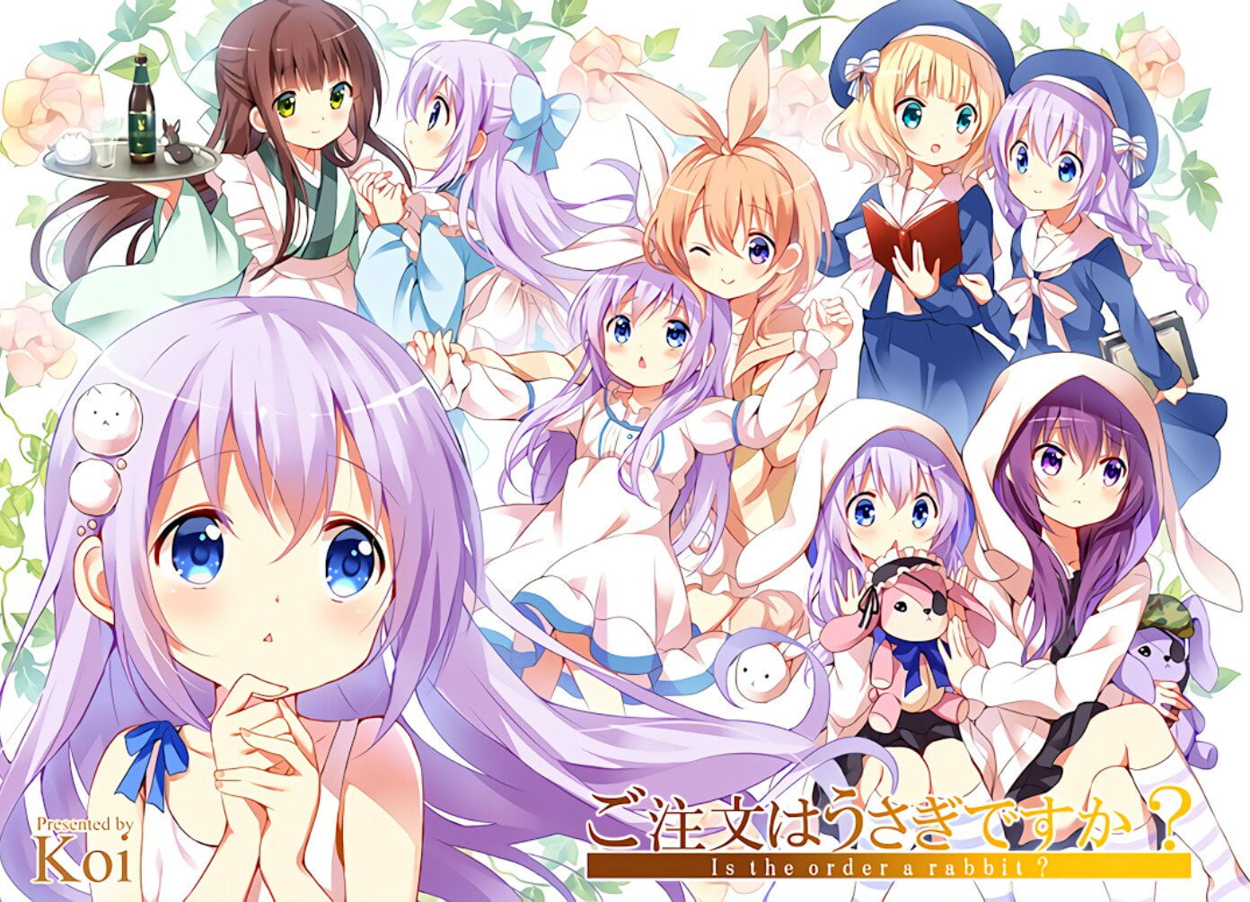 white background, looking at camera, Ujimatsu Chiya, no people, anime, mammal, lifestyles, close-up, artwork, day, festival, art and craft, 720P, Gochuumon wa Usagi Desu ka?, HD Wallpaper