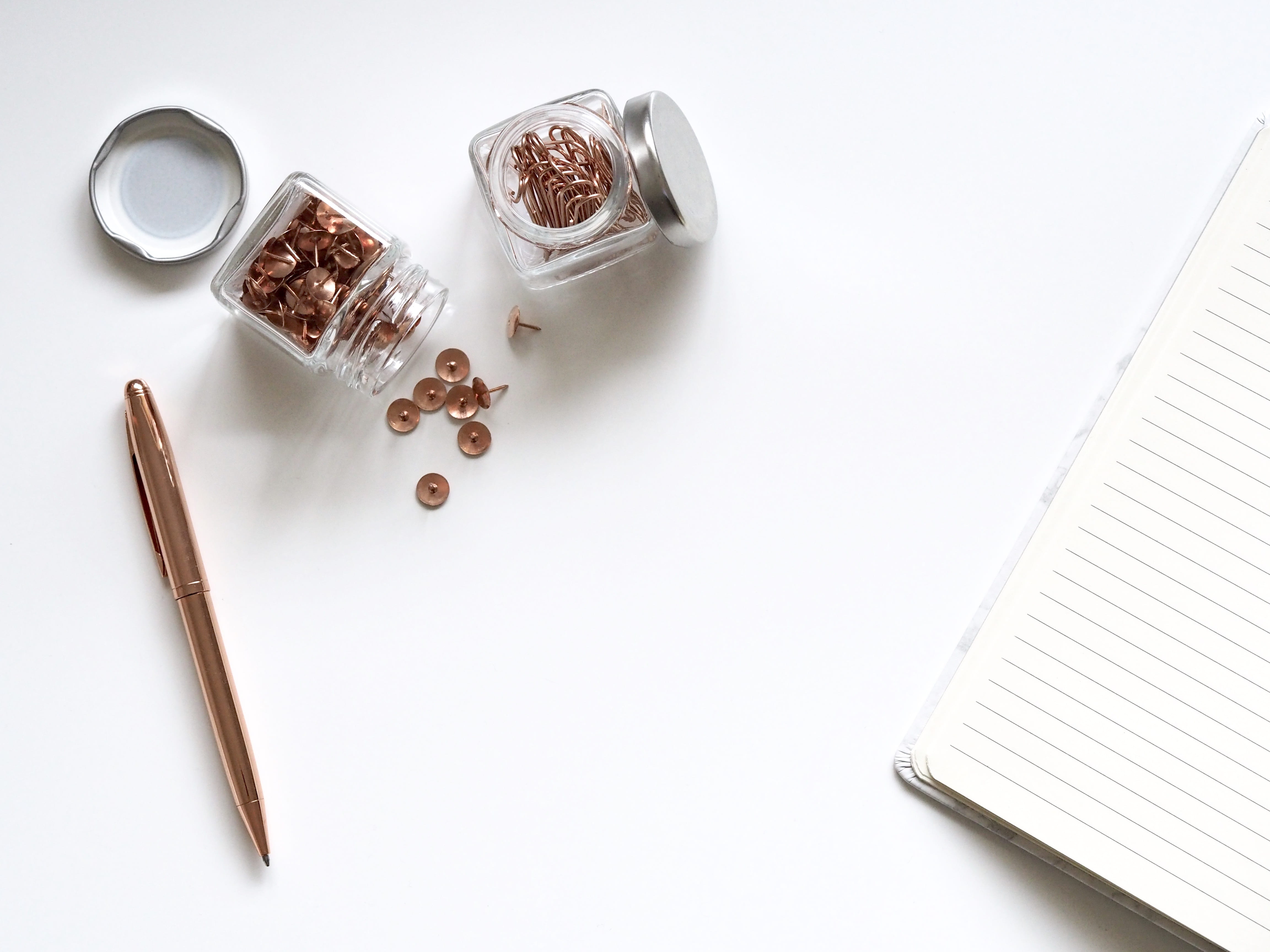 pen, indoors, paper, writing, 4K, creativity, pencil, workplace, container, spilling, modern, white, gold, work, lined, desk, jars, no people, minimal, HD Wallpaper