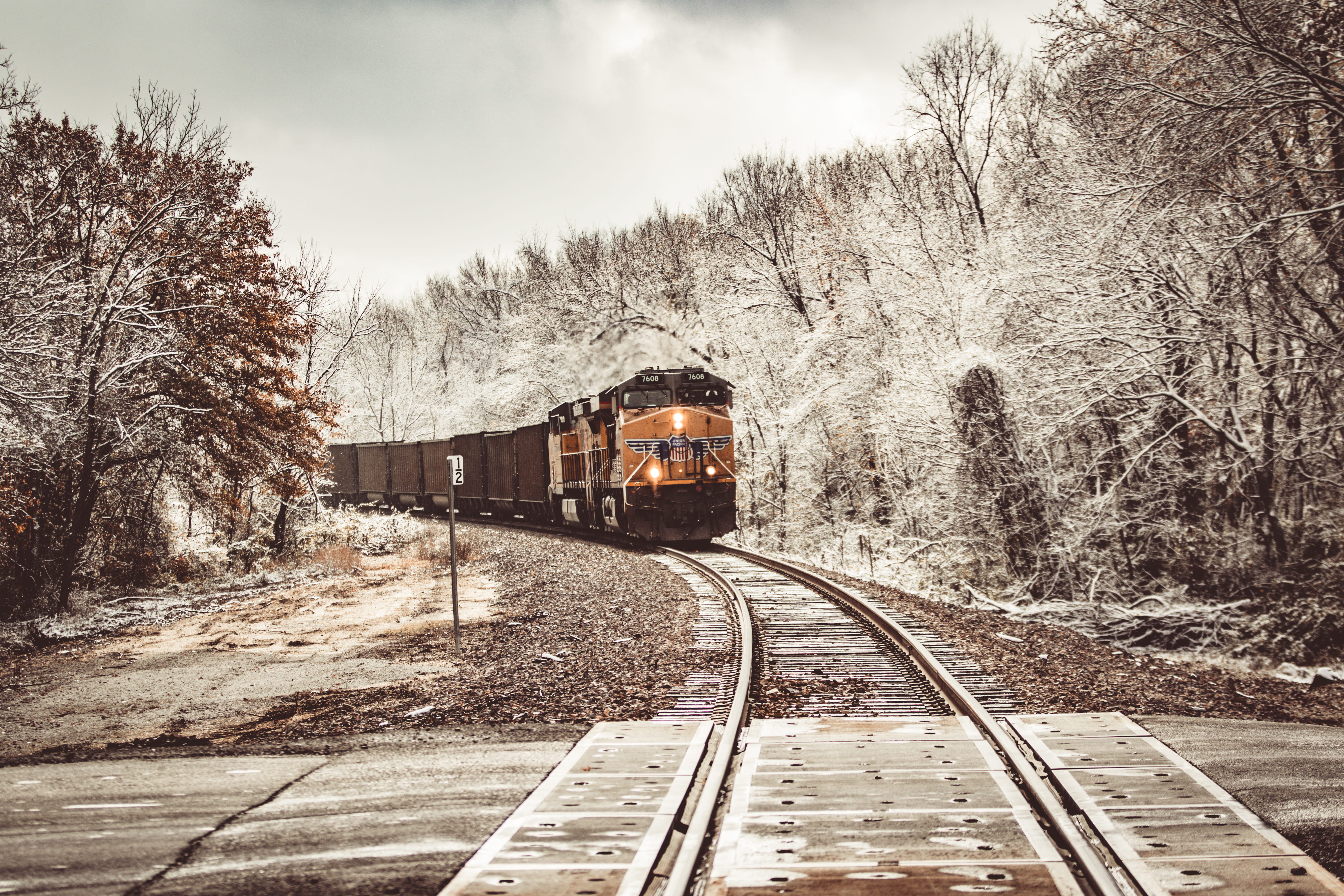 photography, railroad track, snow, conifer, plant, outdoors, rust, transportation, winter, the way forward, machine, 5K, sky, day, tree, shipping container, HD Wallpaper