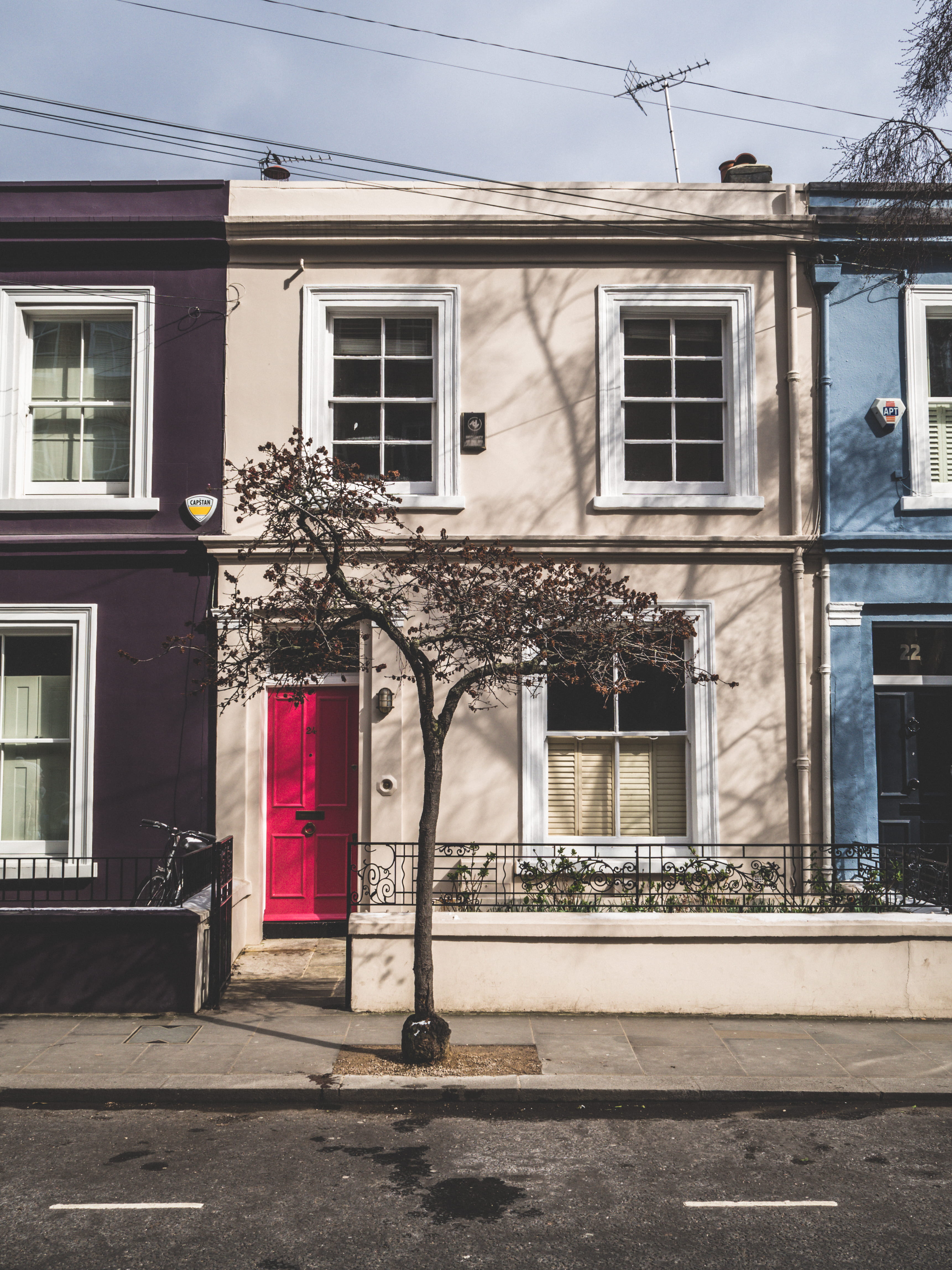 residential district, sunlight, jar, architecture, flora, door, house, no people, white, 4K, building exterior, pink, sidewalk, day, potted plant, entrance, Phone HD Wallpaper