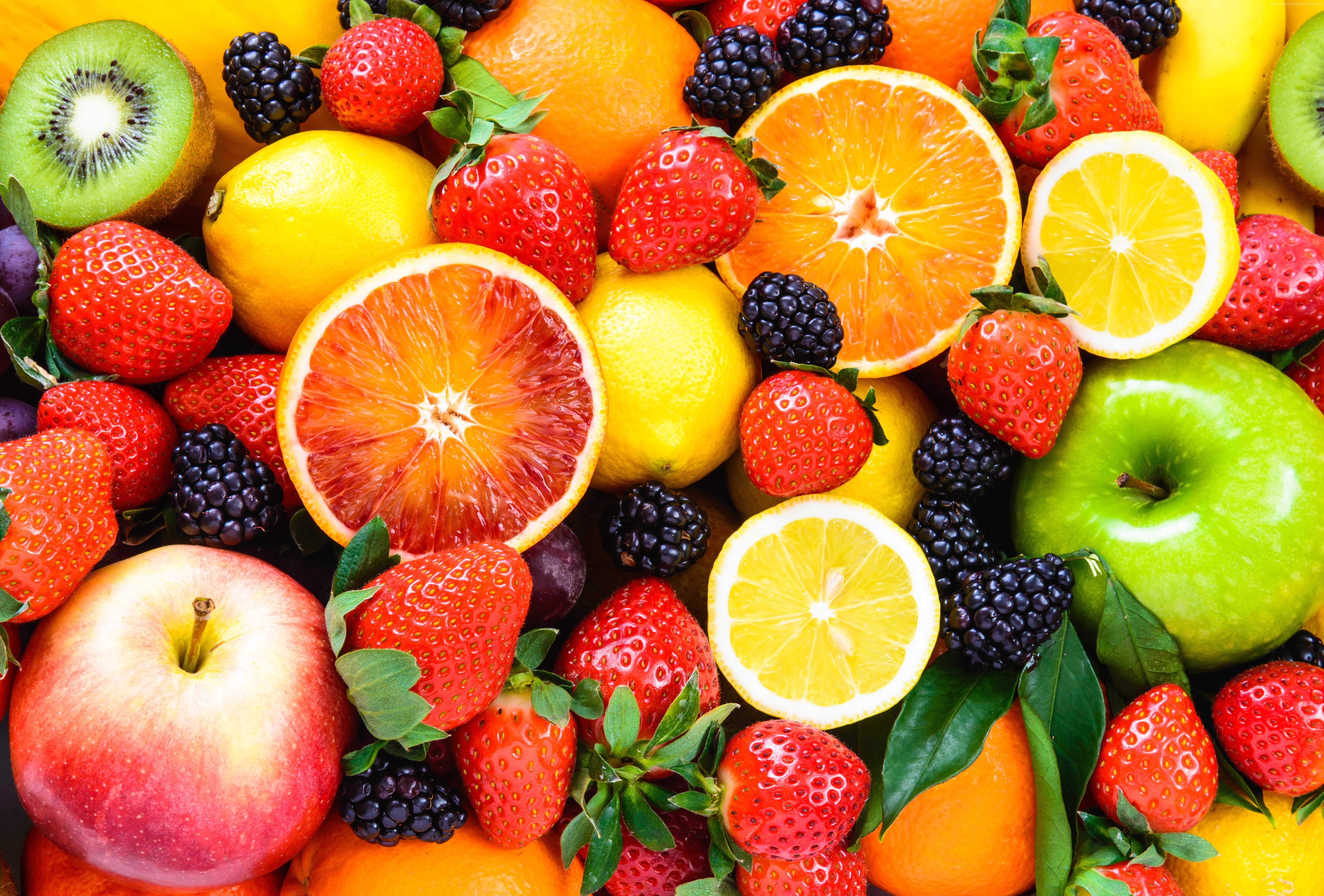 5k, fruit, 5K, apple, blackberry, lemon, strawberry, orange, HD Wallpaper