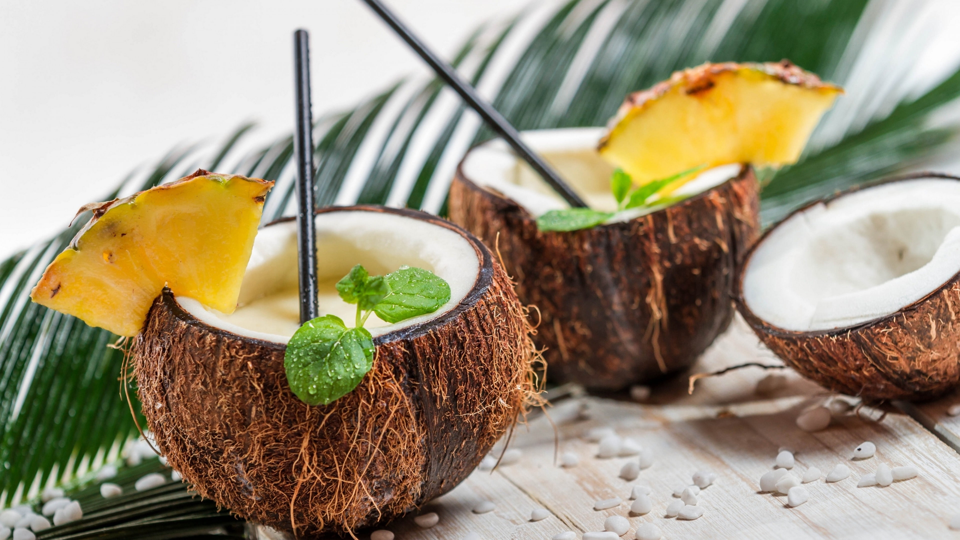 thee, coconut, pineapple, 4K, shells, cocktail, sliced, pina colada, HD Wallpaper