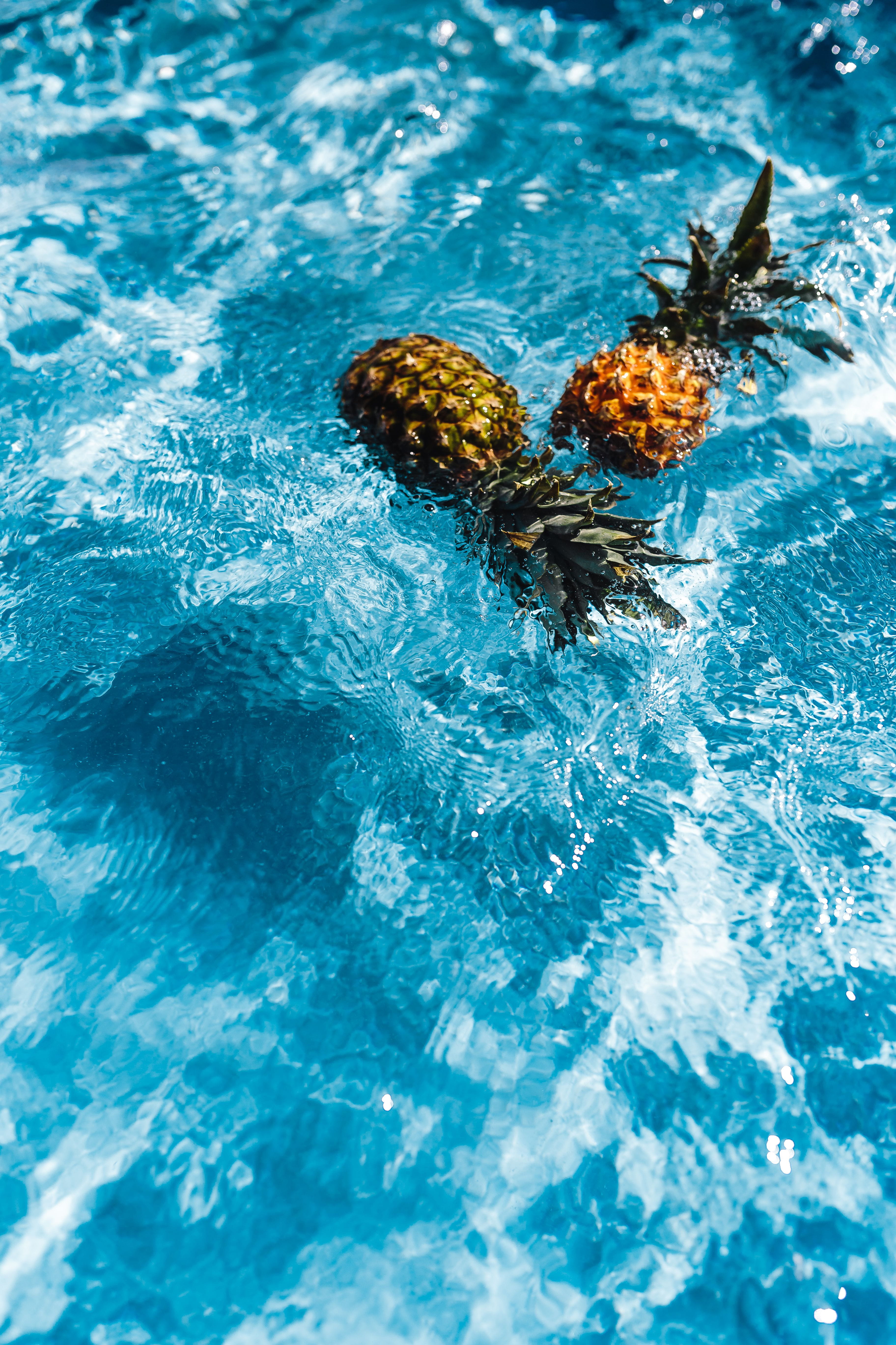 food and drink, fresh, swimming pool, motion, 5K, sunlight, turquoise colored, vacations, pineapples, water, refreshment, rippled, fruits, day, floating on water, Phone HD Wallpaper