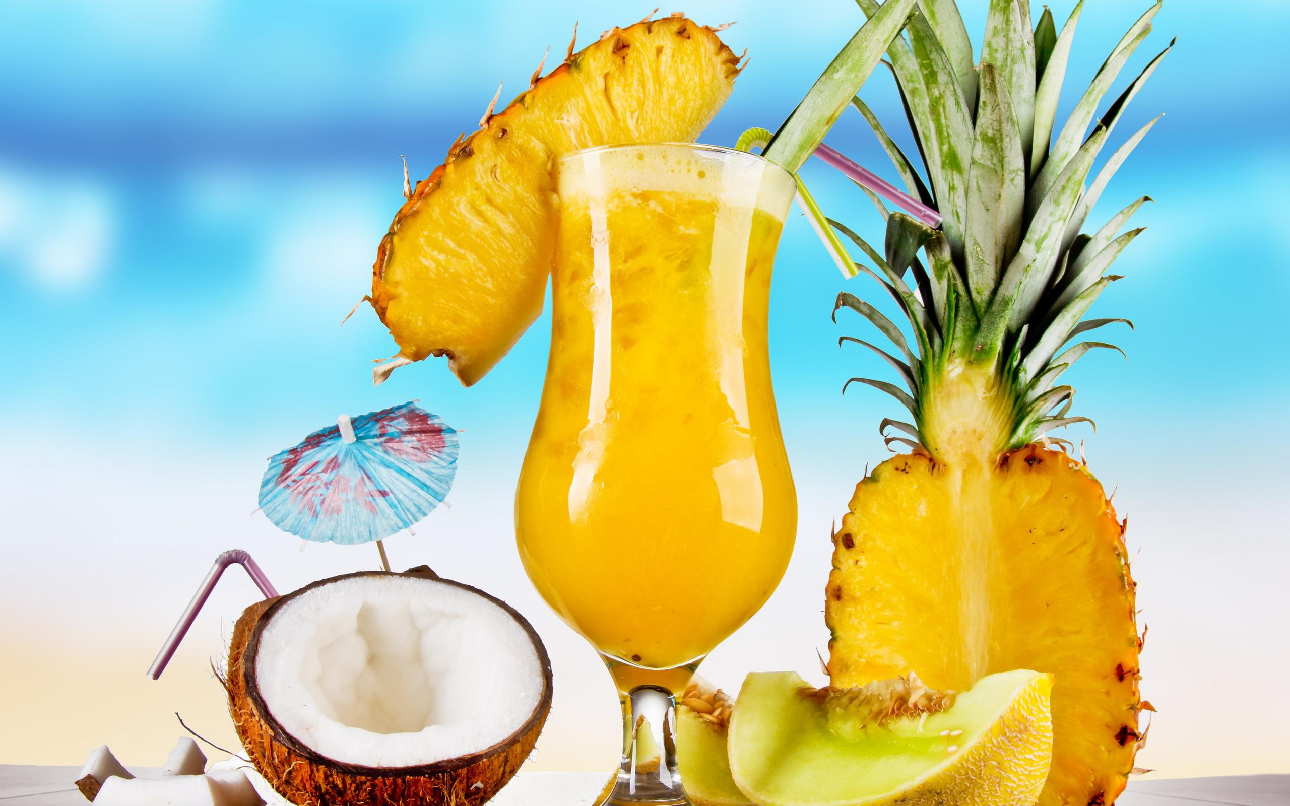 2K, summer day, hot, melon, glass, fruit, summer, drink, 3d and abstract, pineapple, coconut, fresh, day, tropical, cocktail, HD Wallpaper