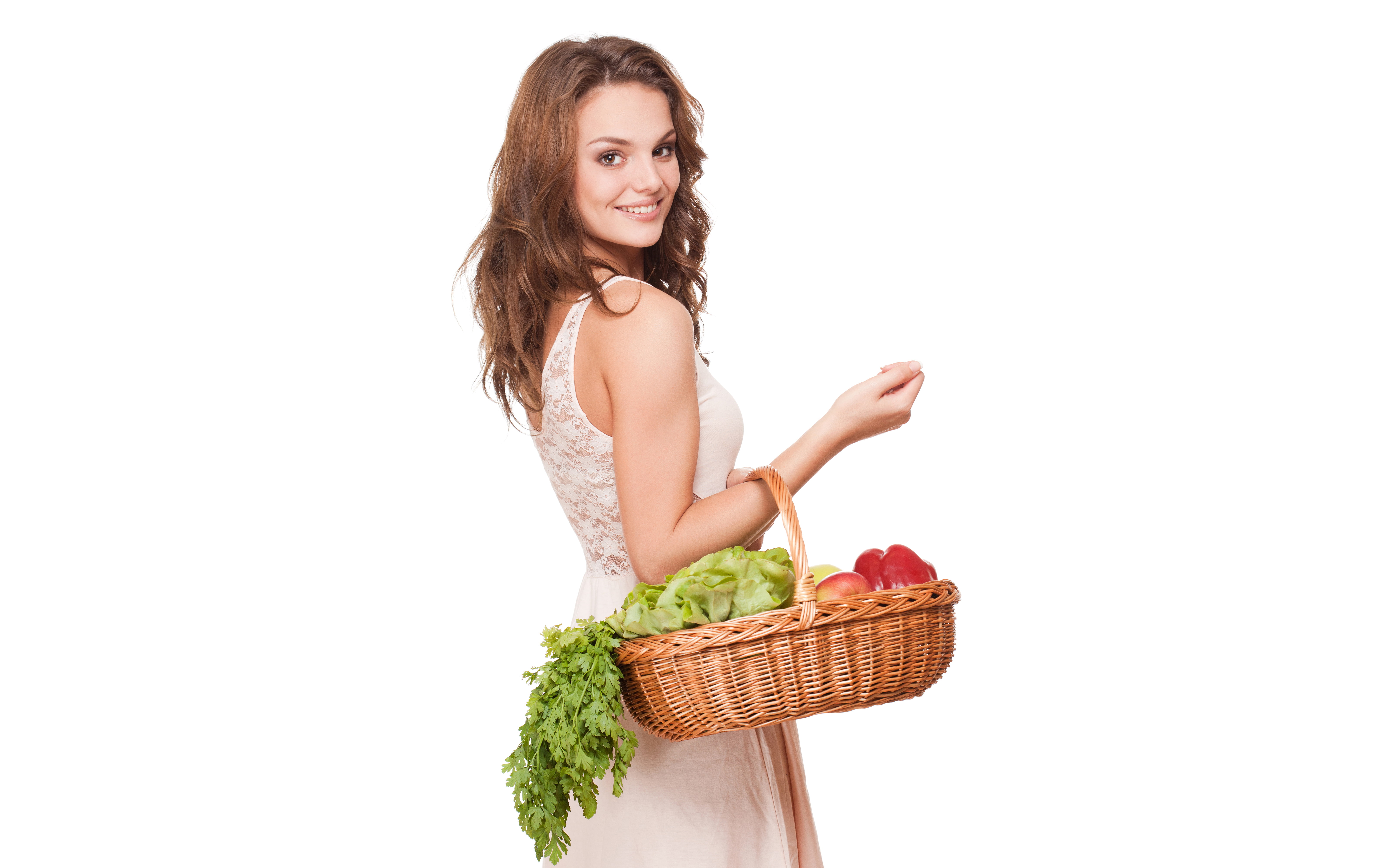 apples, vegetables, brown hair, is, basket, keeps, girl, 5K, white background, cabbage, fruit, beautiful, parsley, greens, smiling, dress, pepper, in white, HD Wallpaper