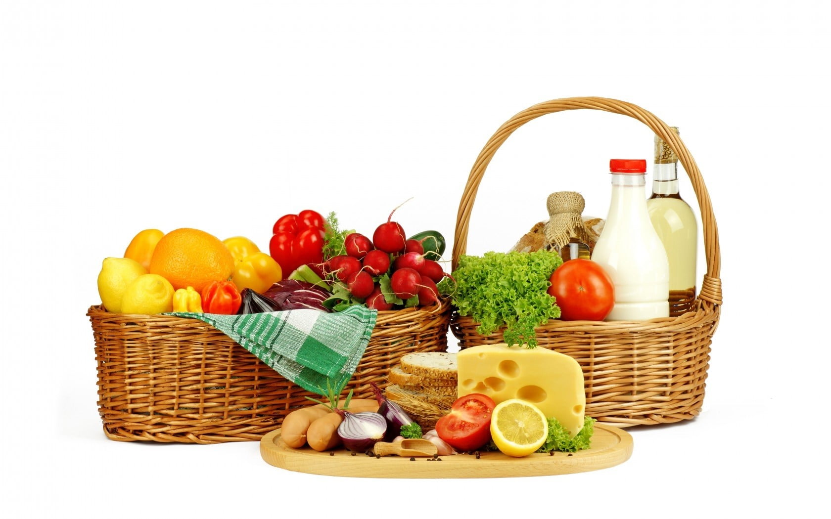 food and drink, Tomatoes, Onions, wicker, Fruits, Red peppers, container, shopping basket, indoors, still life, cut out, Bread, Cheese, food, tomato, vegetable, HD Wallpaper