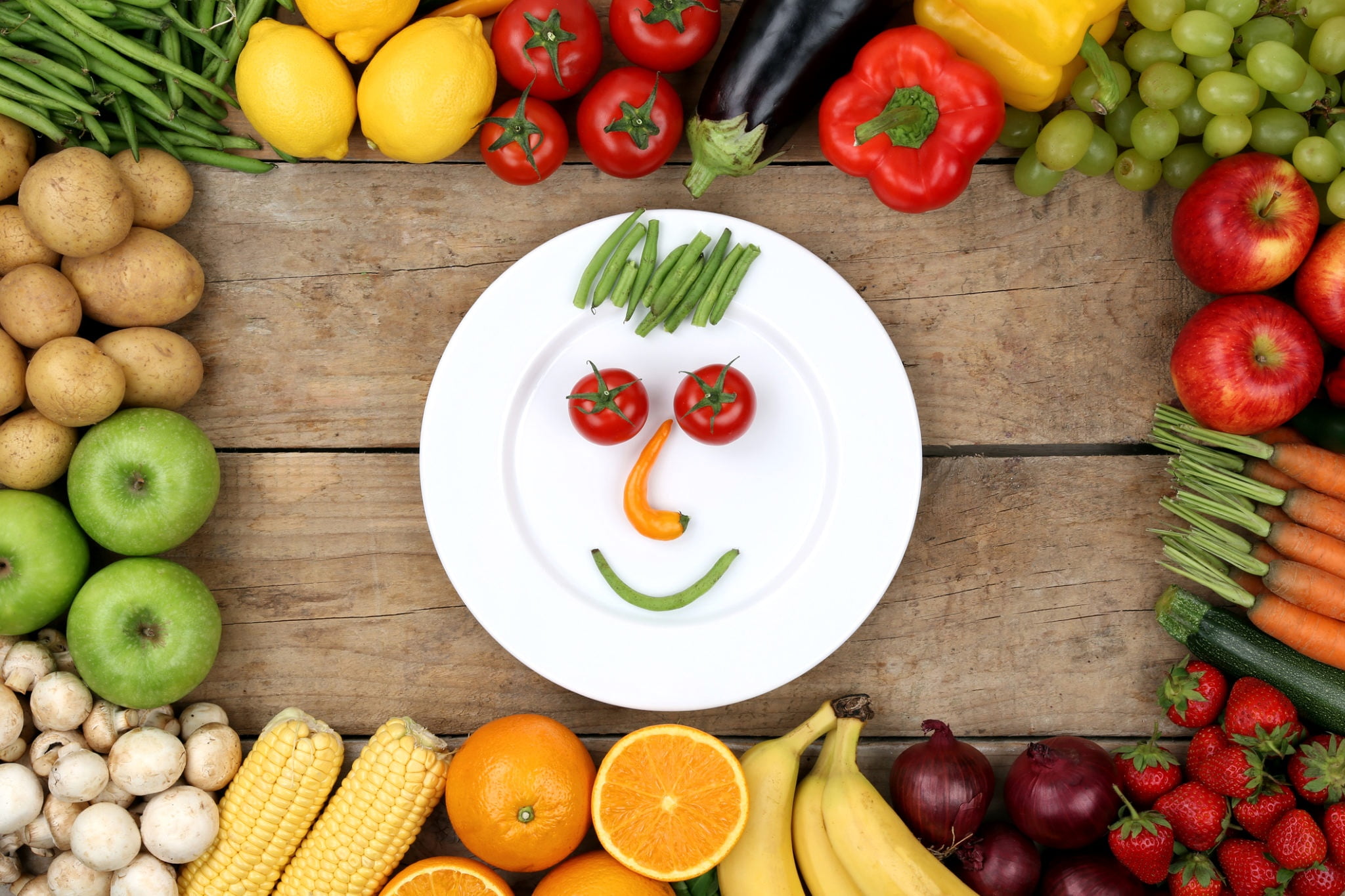 lemon, vegetables, bow, fruit, eggplant, tomato, potatoes, carrots, banana, beans, orange, mushrooms, plate, corn, 1080P, smiley, Apple, pepper, strawberry, HD Wallpaper