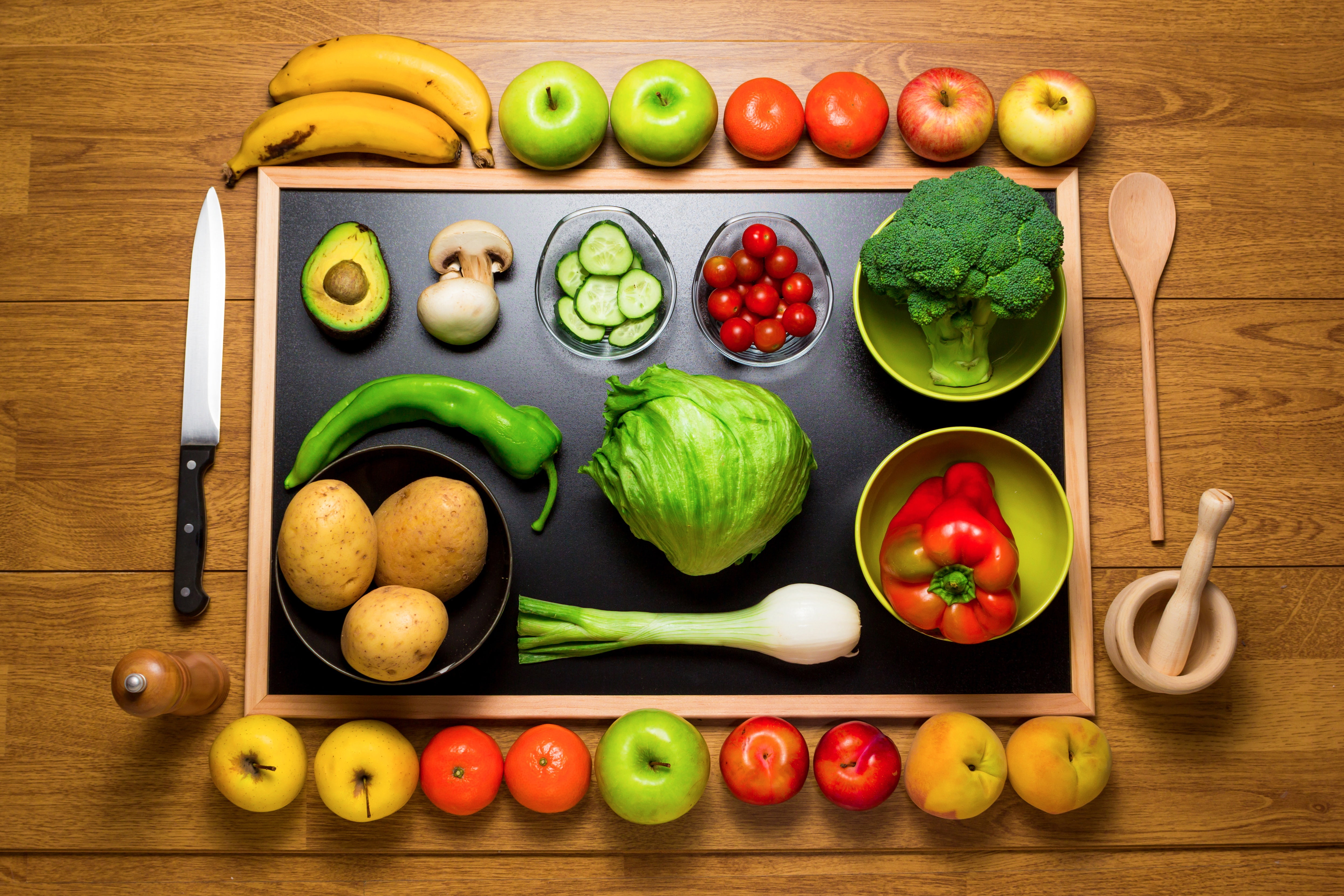 potatoes, bananas, tangerines, apples, bow, the view from the top, pepper, cucumbers, mortar, vegetables, mushrooms, fruit, still life, 4K, knife, spoon, HD Wallpaper