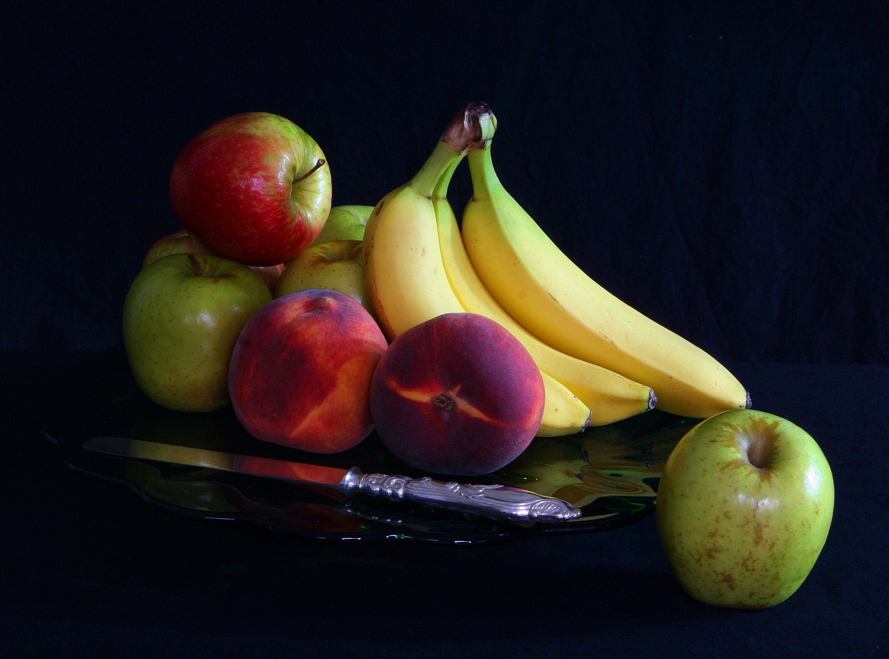 knife, freshness, table, variation, top, black, food, red, orange, food and drink, black background, peaches, indoors, banana, fruit, fruits, healthy eating, HD Wallpaper
