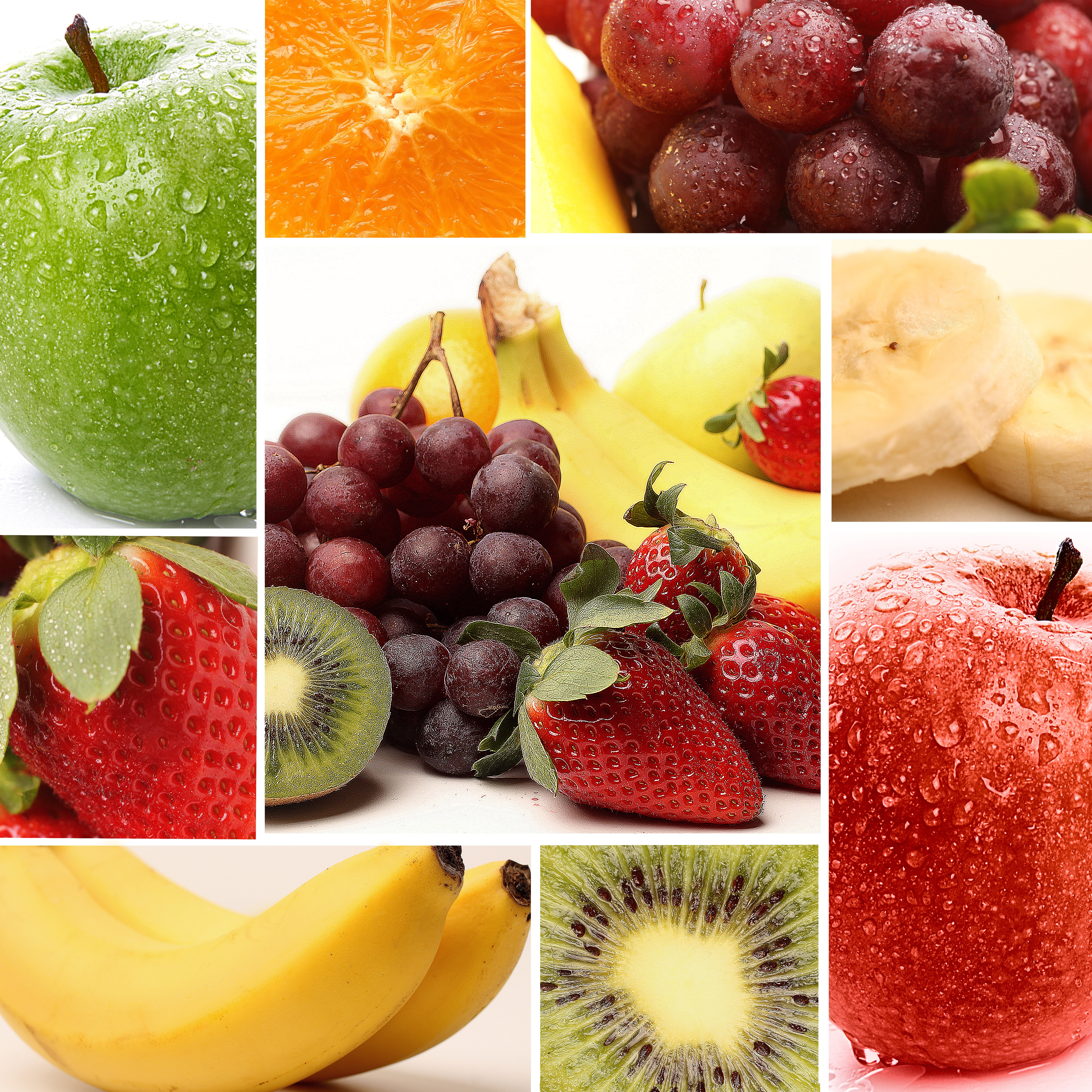 variety, nutrition, banannen, collage, indoors, kiwi, variation, grapes, fruits, healthy eating, tropical fruit, no people, banana, food, 5K, strawberry, Phone HD Wallpaper
