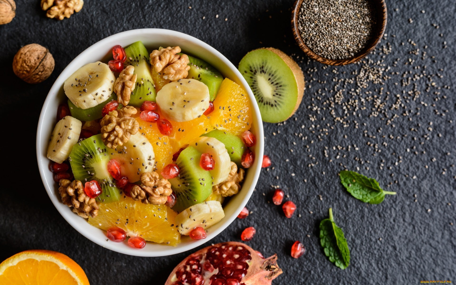kiwi (fruit), salad, top view, bananas, fruit, pomegranate, 1080P, food, HD Wallpaper