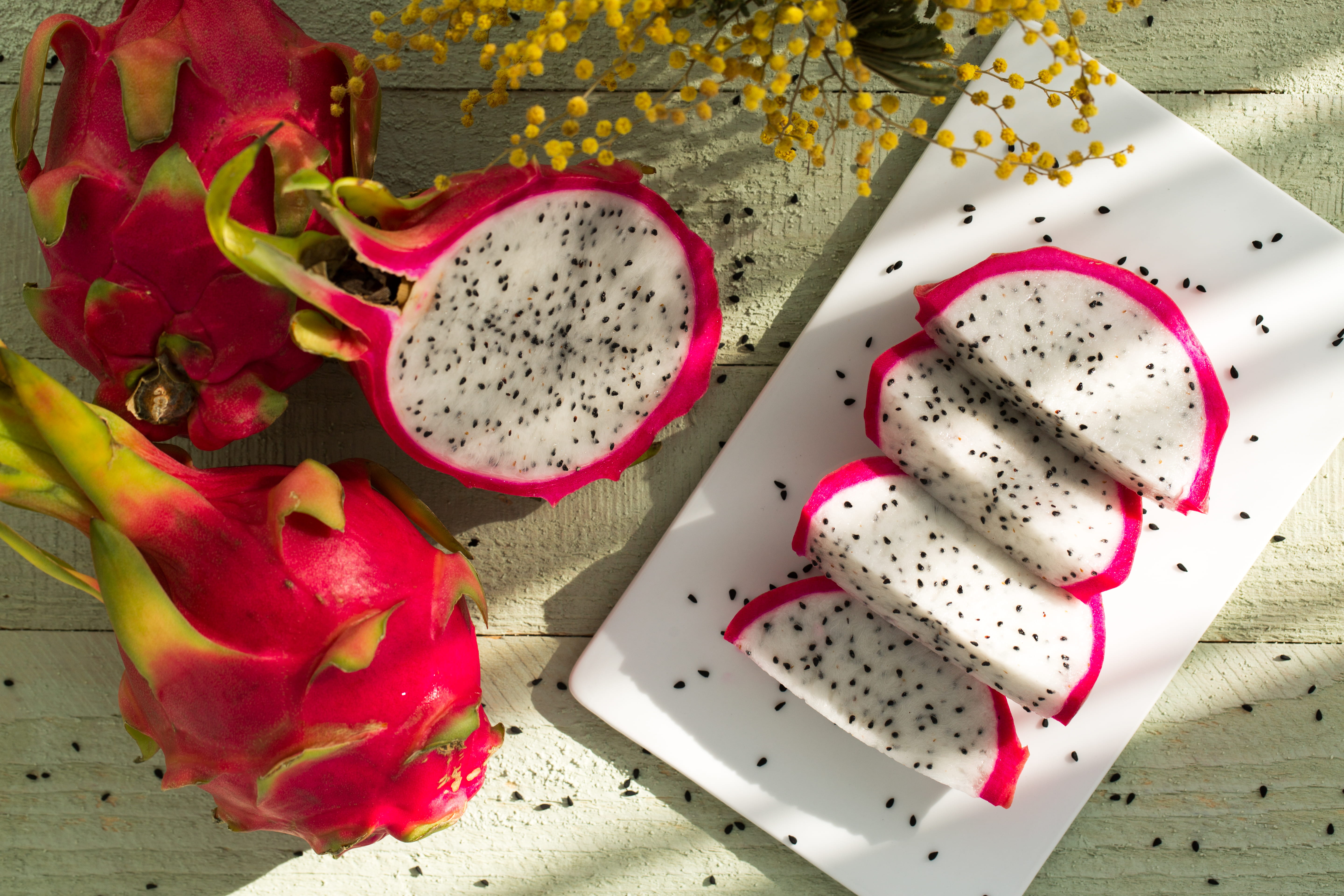 freshness, seed, ready-to-eat, dragon fruit, flower, pink color, wellbeing, seeds, tray, still life, crockery, slices, plate, vegetarian food, garnish, HD Wallpaper